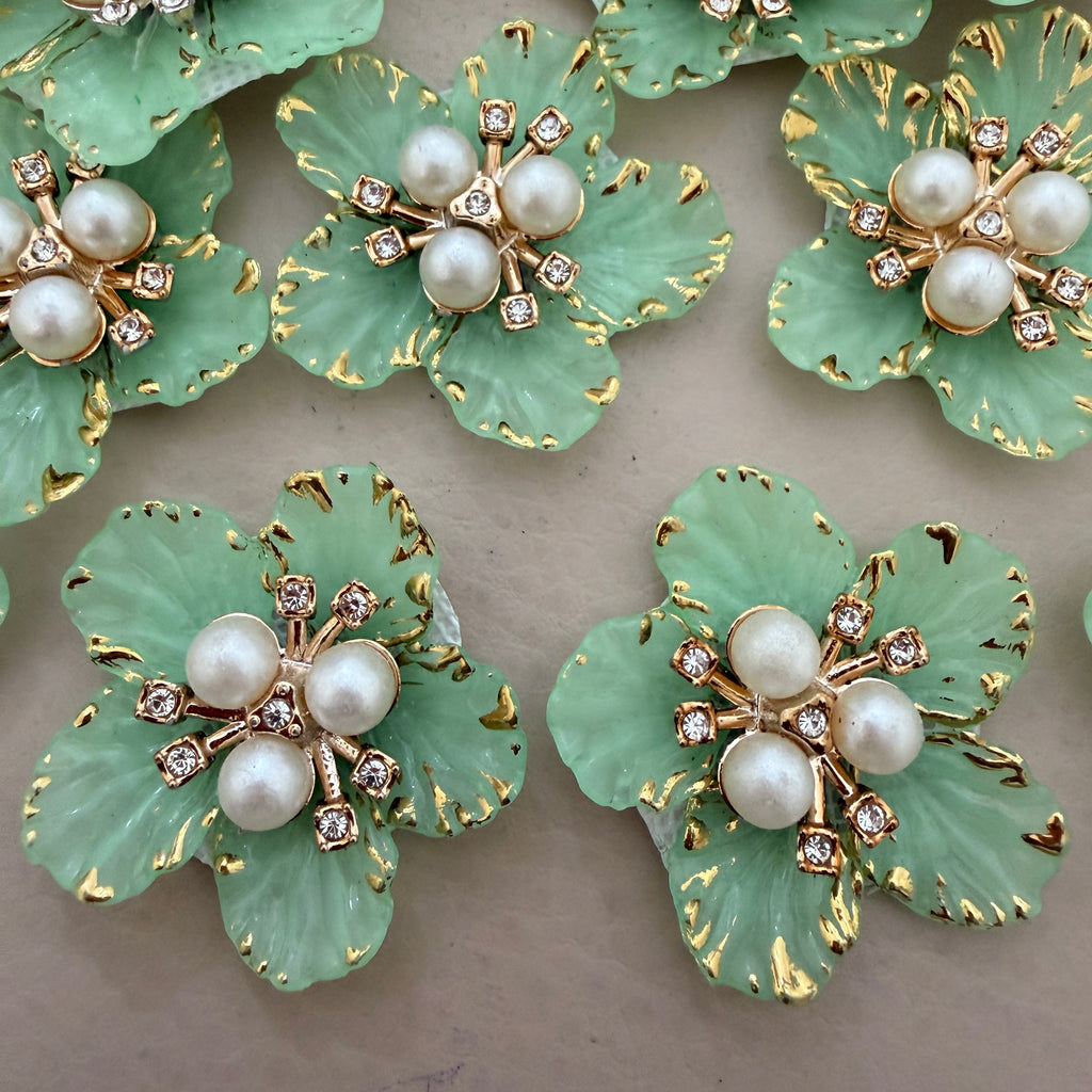 Mint Green & Gold With Premium Pearl & Crystal Studded Flower Patches for DIY Crafts (Pack of 5)