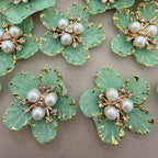 Mint Green & Gold With Premium Pearl & Crystal Studded Flower Patches for DIY Crafts (Pack of 5)