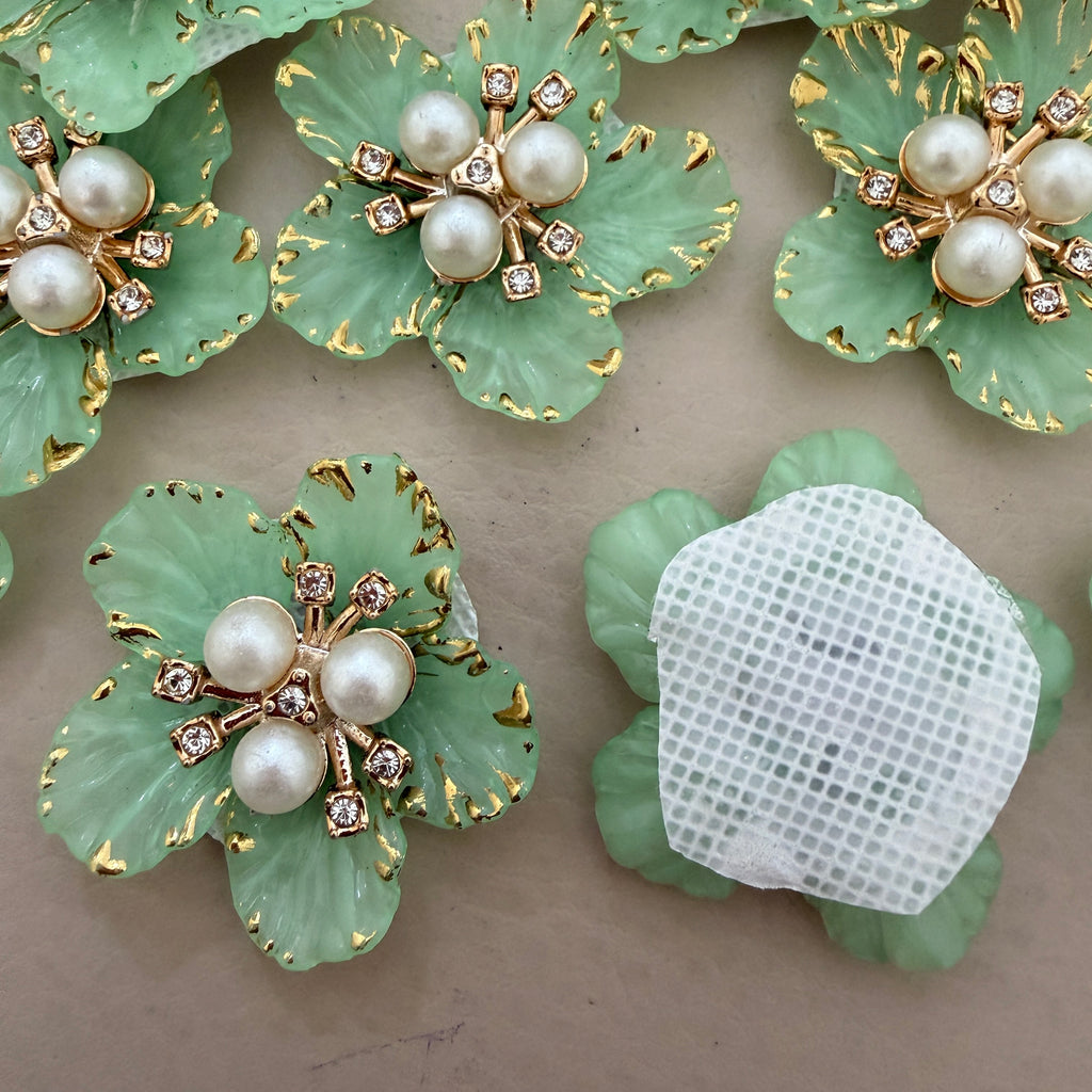 Mint Green & Gold With Premium Pearl & Crystal Studded Flower Patches for DIY Crafts (Pack of 5)