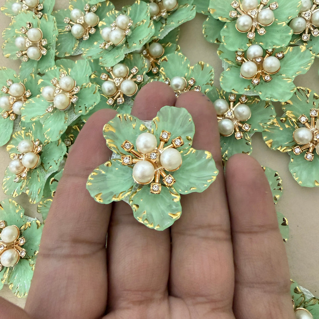 Mint Green & Gold With Premium Pearl & Crystal Studded Flower Patches for DIY Crafts (Pack of 5)