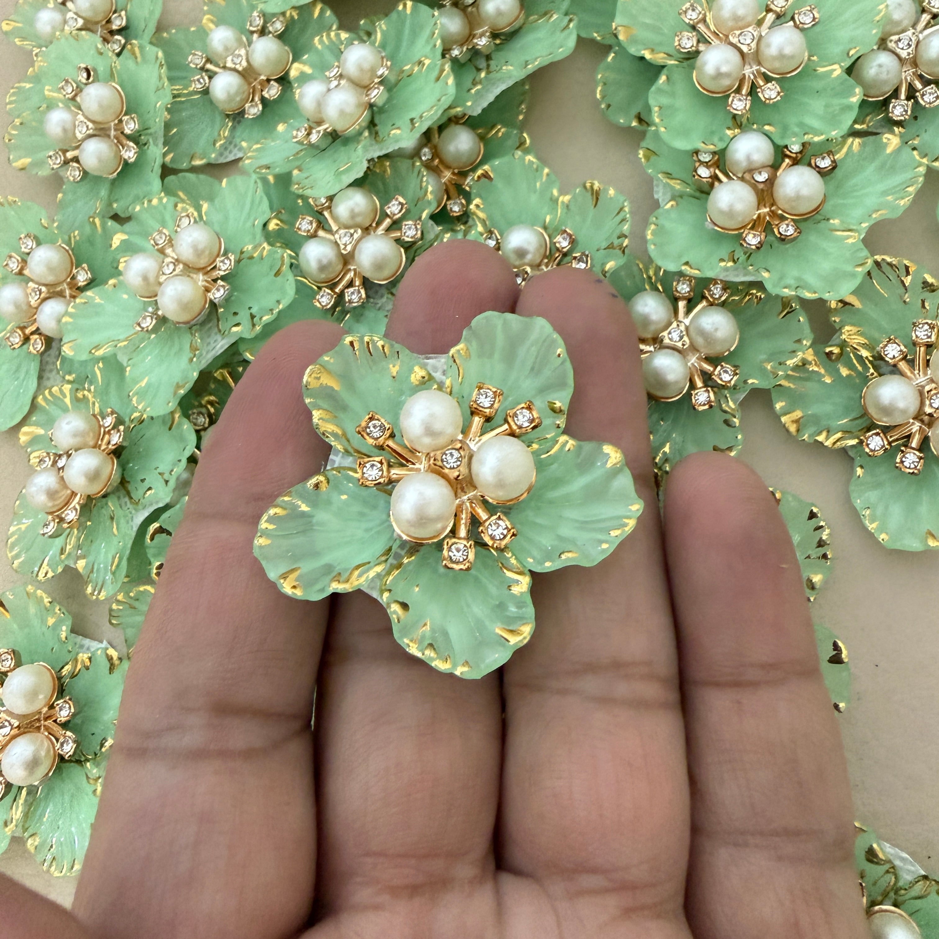 Mint Green & Gold With Premium Pearl & Crystal Studded Flower Patches for DIY Crafts (Pack of 5)