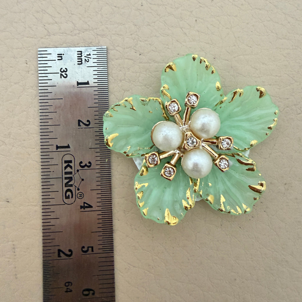 Mint Green & Gold With Premium Pearl & Crystal Studded Flower Patches for DIY Crafts (Pack of 5)