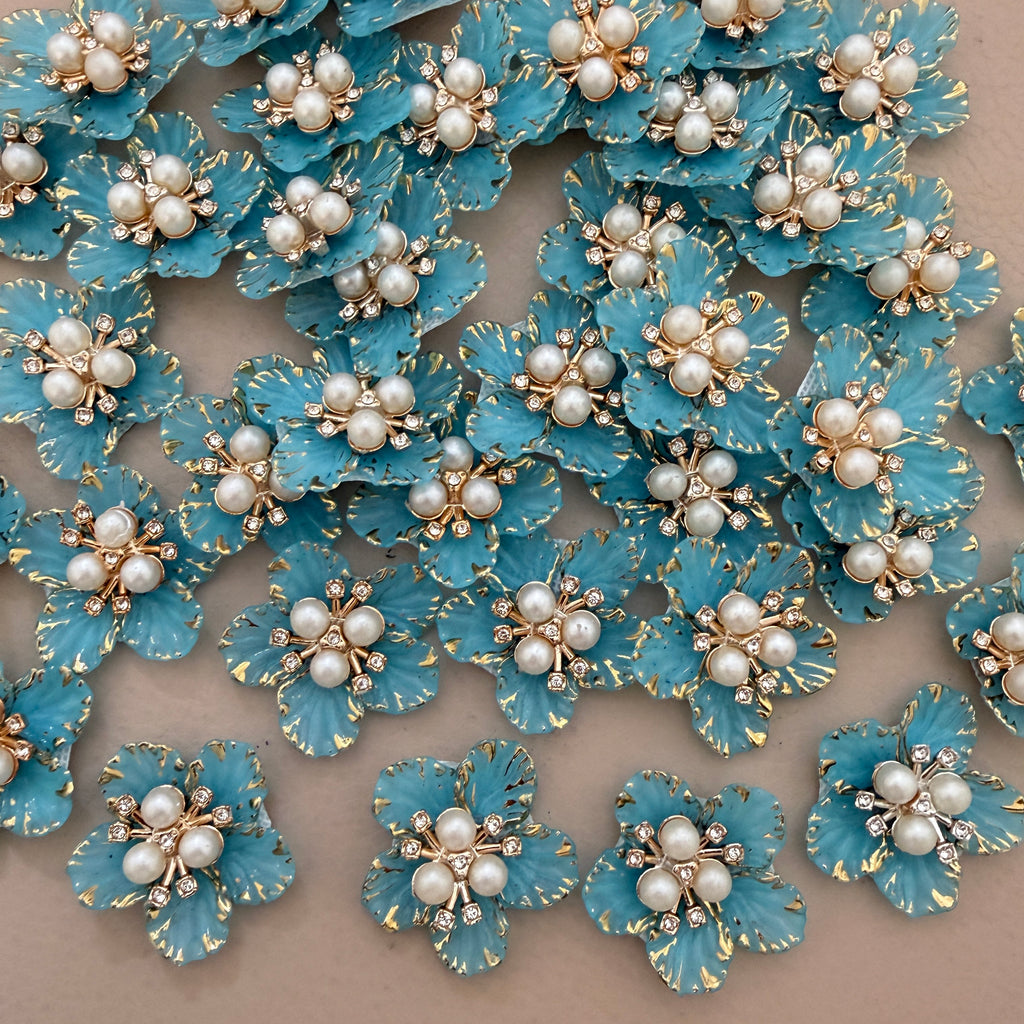 Turquoise & Gold Floral Crystal Embellished Flower Sew Applique Patches (Pack of 5)