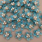 Turquoise & Gold Floral Crystal Embellished Flower Sew Applique Patches (Pack of 5)