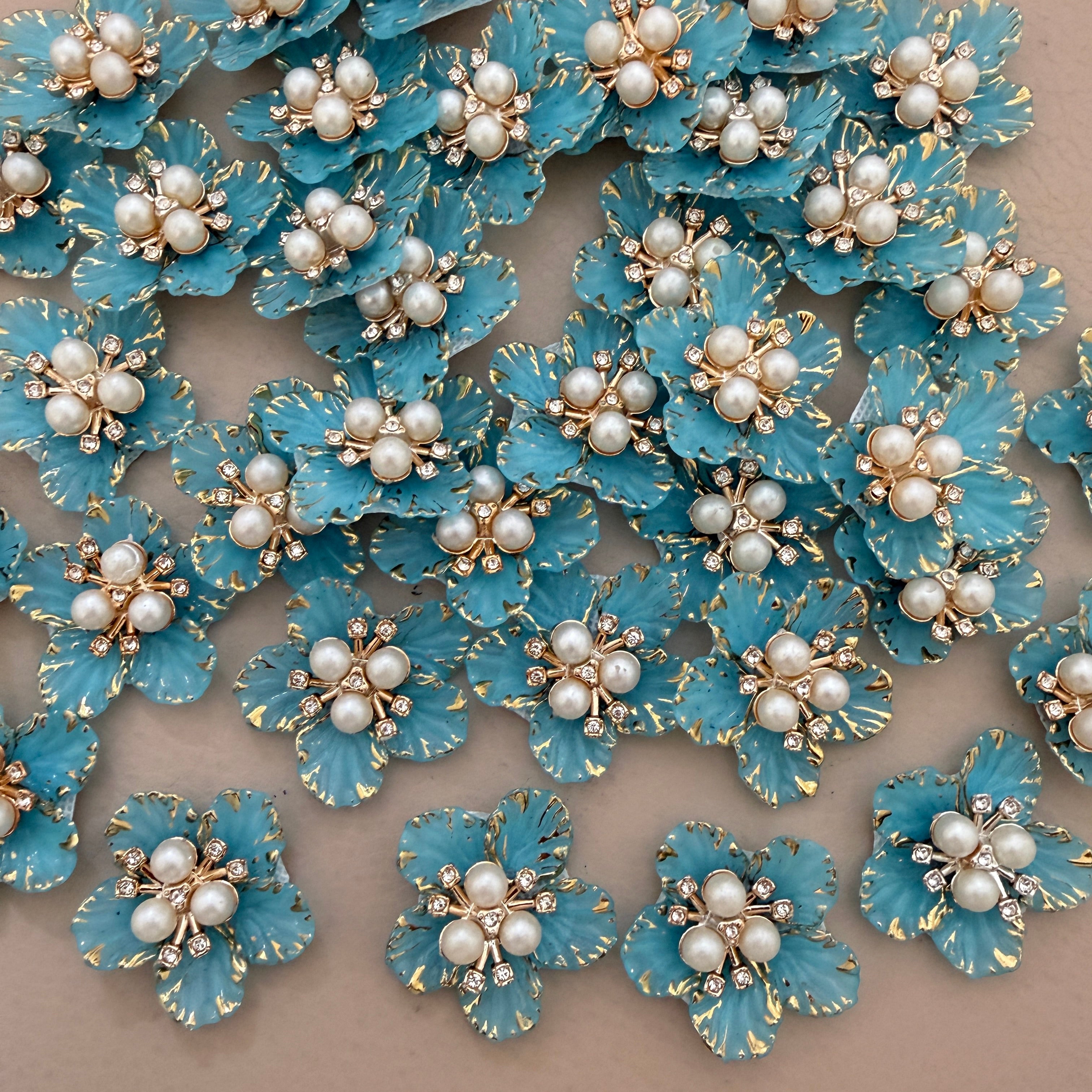Turquoise & Gold Floral Crystal Embellished Flower Sew Applique Patches (Pack of 5)