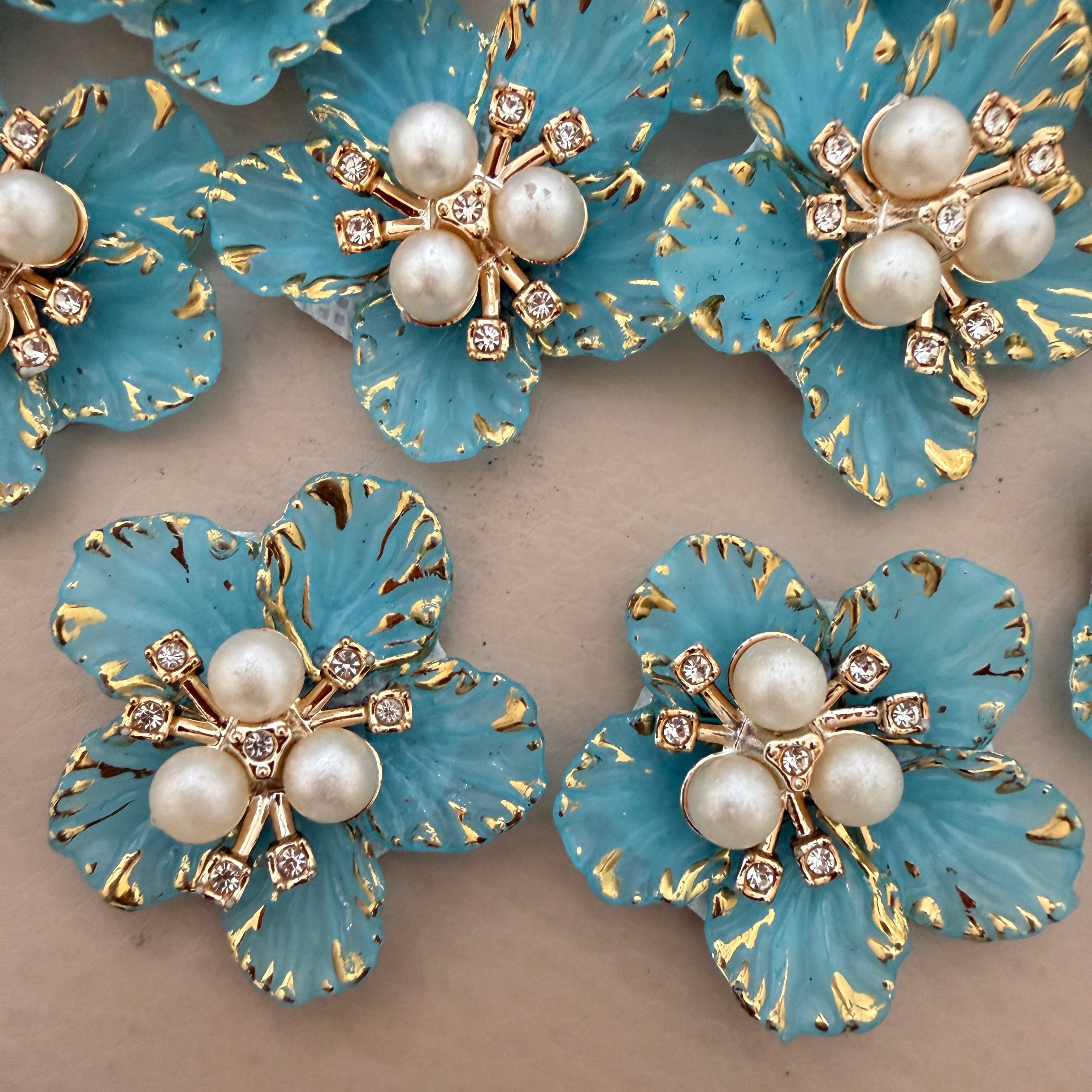 Turquoise & Gold Floral Crystal Embellished Flower Sew Applique Patches (Pack of 5)