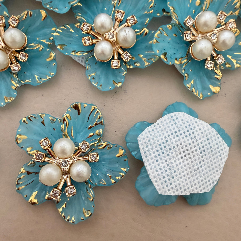 Turquoise & Gold Floral Crystal Embellished Flower Sew Applique Patches (Pack of 5)