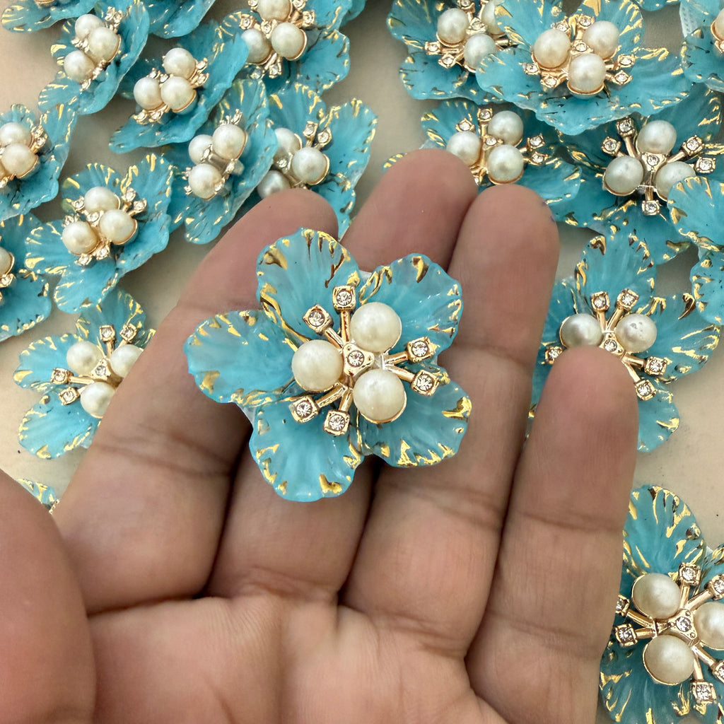 Turquoise & Gold Floral Crystal Embellished Flower Sew Applique Patches (Pack of 5)