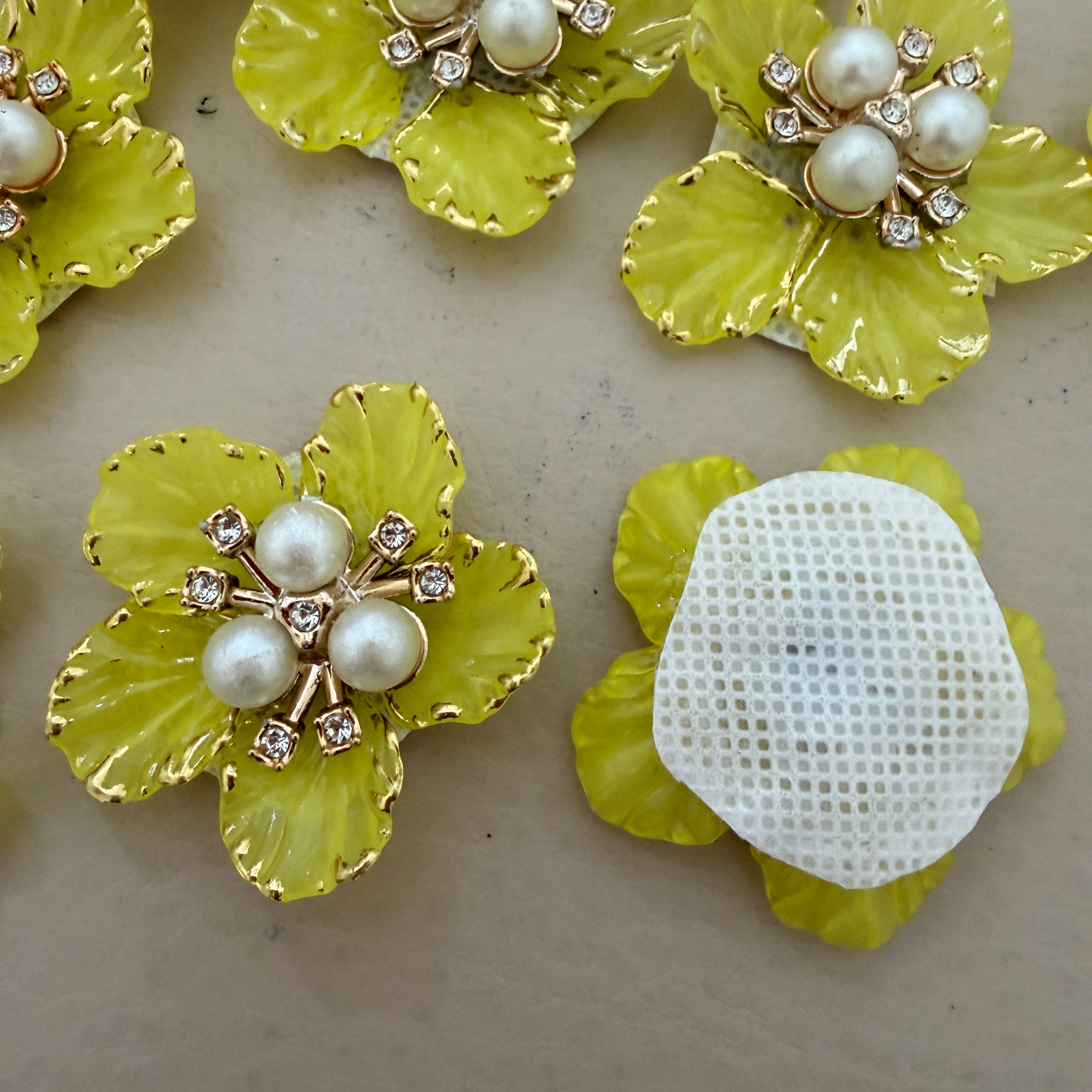Yellow Petal Flower Patches Embellishment with Pearl & Rhinestone Appliques – Pack of 10