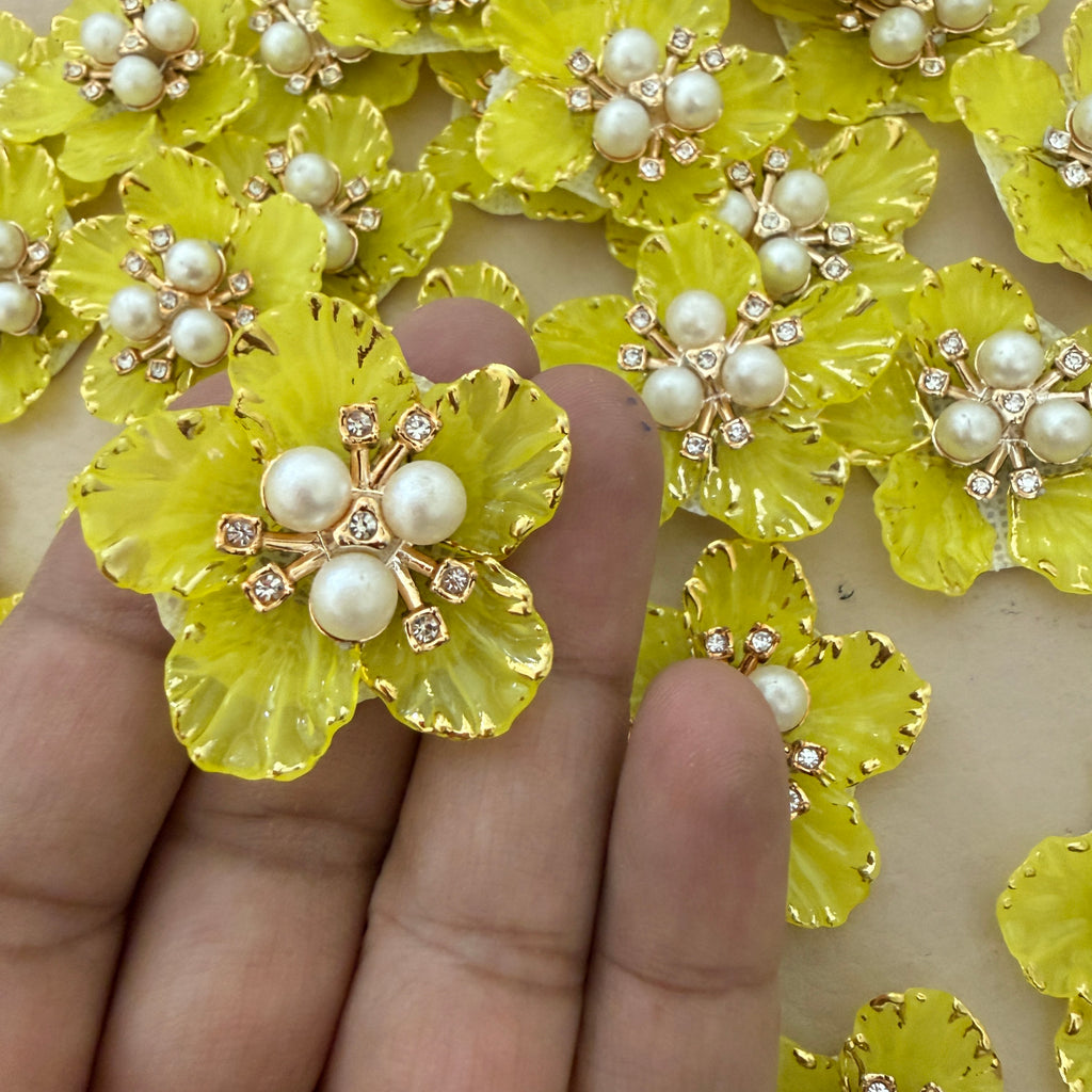 Yellow Petal Flower Patches Embellishment with Pearl & Rhinestone Appliques – Pack of 10