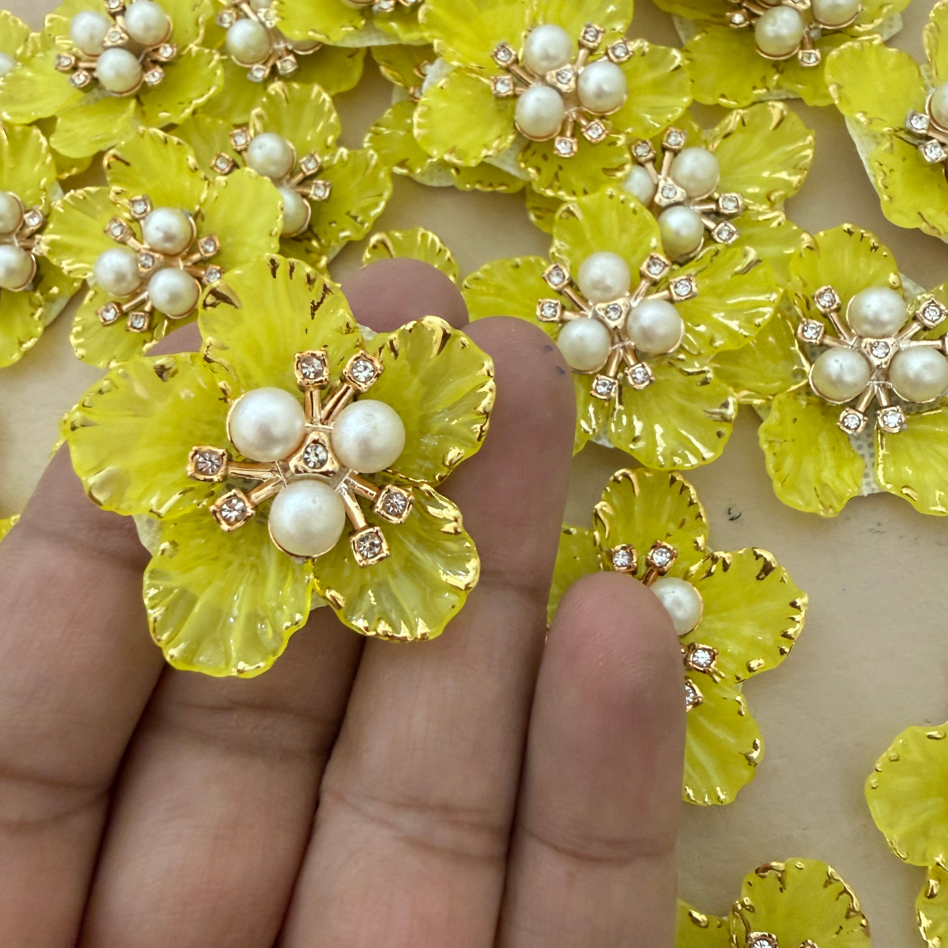 Yellow Petal Flower Patches Embellishment with Pearl & Rhinestone Appliques – Pack of 10