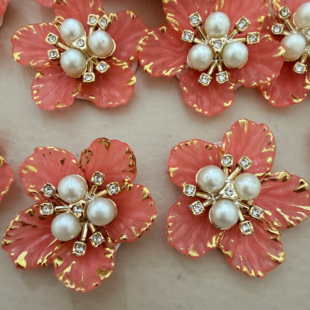 Coral Pearl & Rhinestone Flower Embellishment Patch – Pack of 5