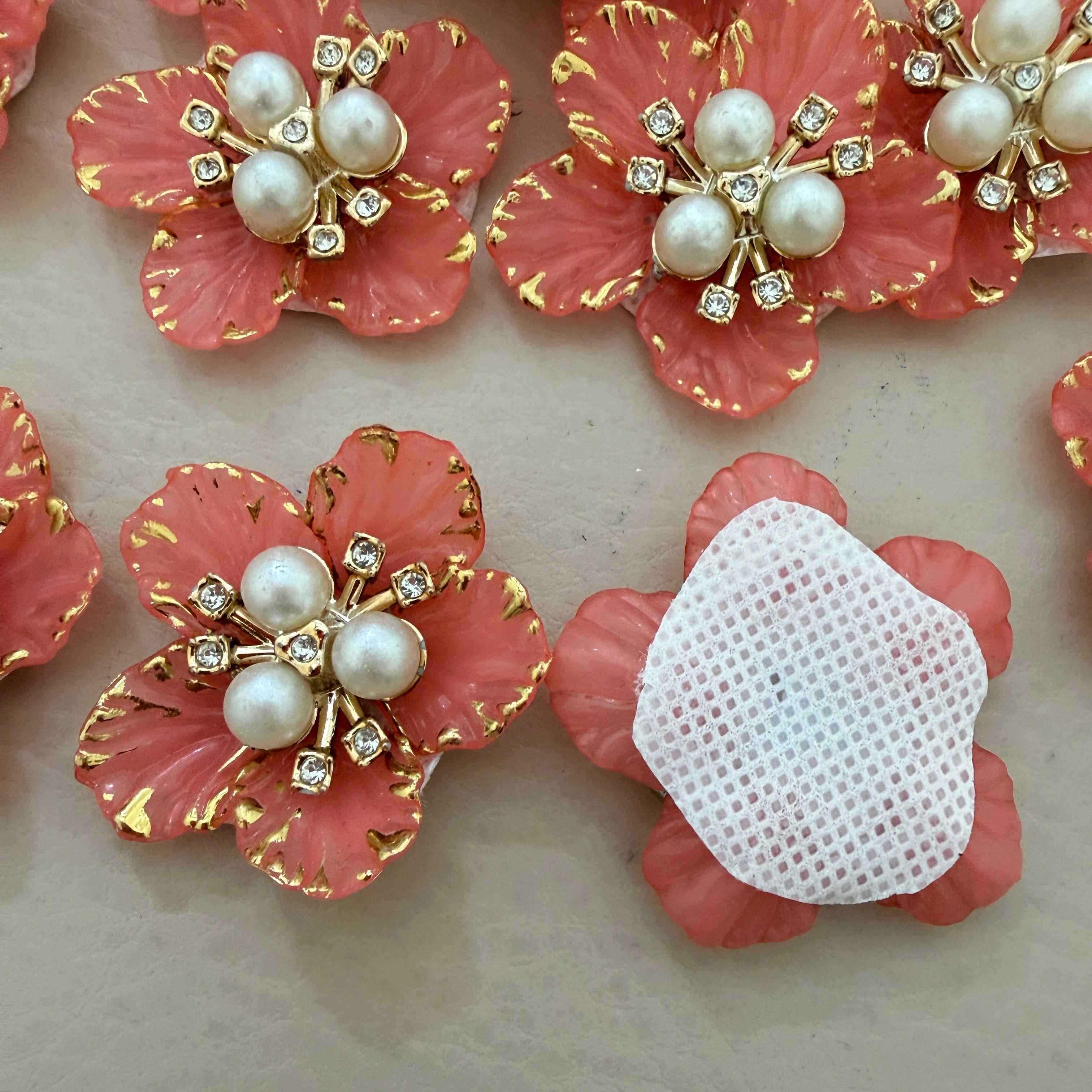 Coral Pearl & Rhinestone Flower Embellishment Patch – Pack of 5