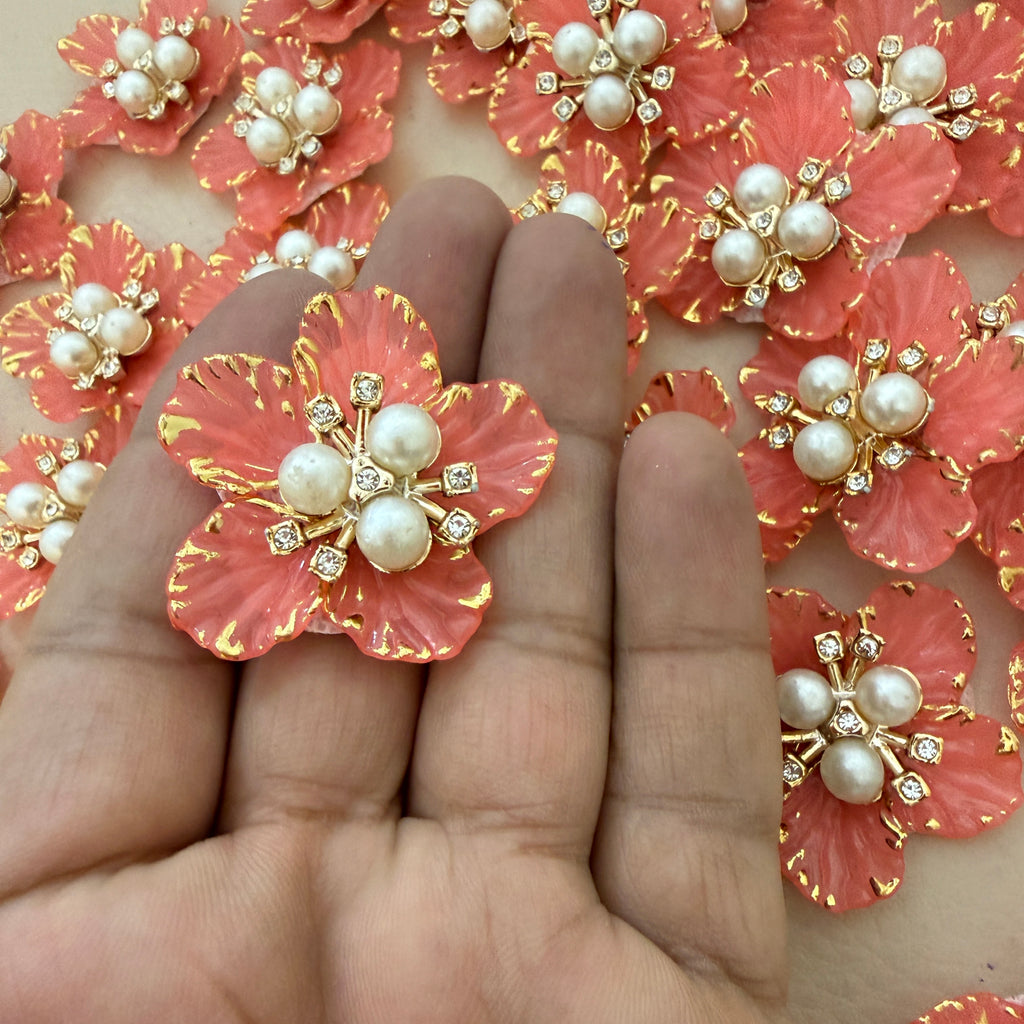 Coral Pearl & Rhinestone Flower Embellishment Patch – Pack of 5