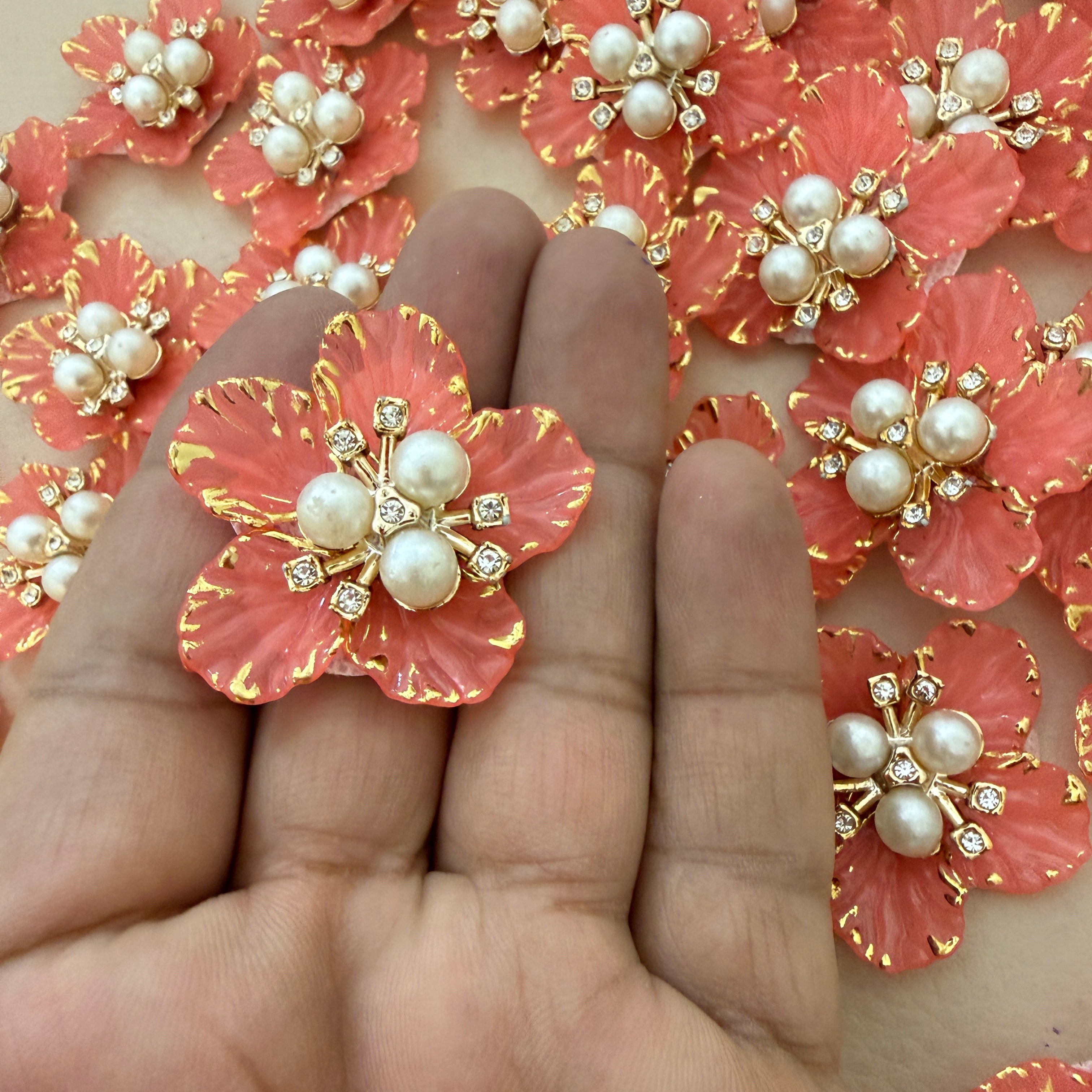 Coral Pearl & Rhinestone Flower Embellishment Patch – Pack of 5