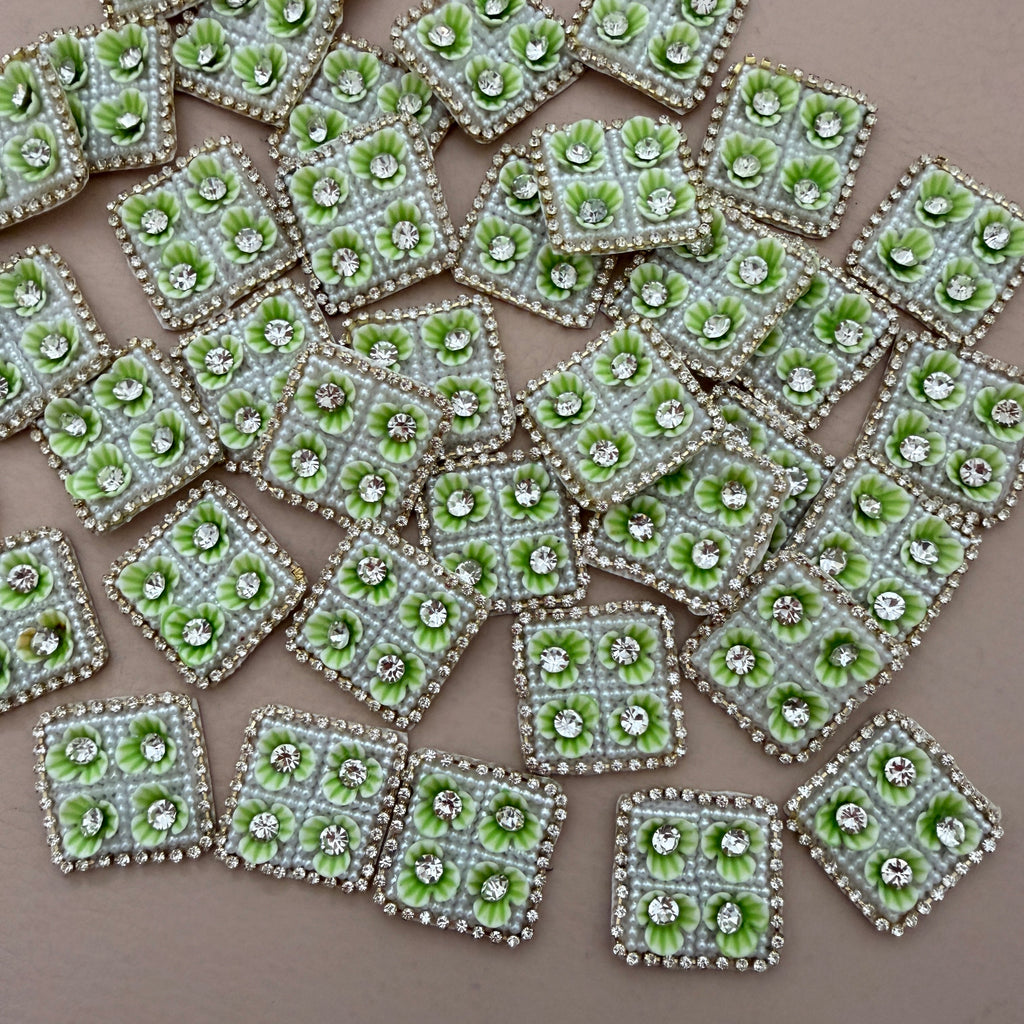 Light Green & White Beaded Rhinestone Floral Applique Patches – Square Embellishments, Pack of 10
