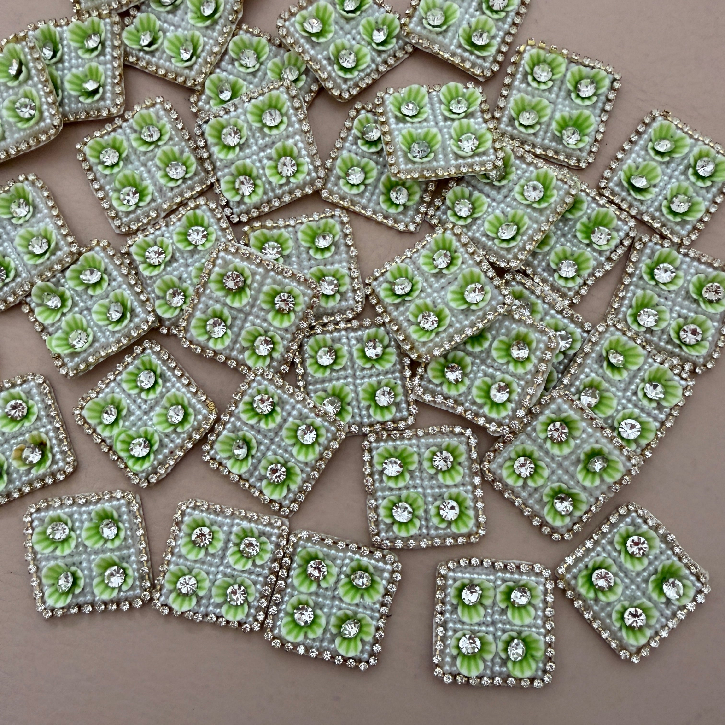Light Green & White Beaded Rhinestone Floral Applique Patches – Square Embellishments, Pack of 10