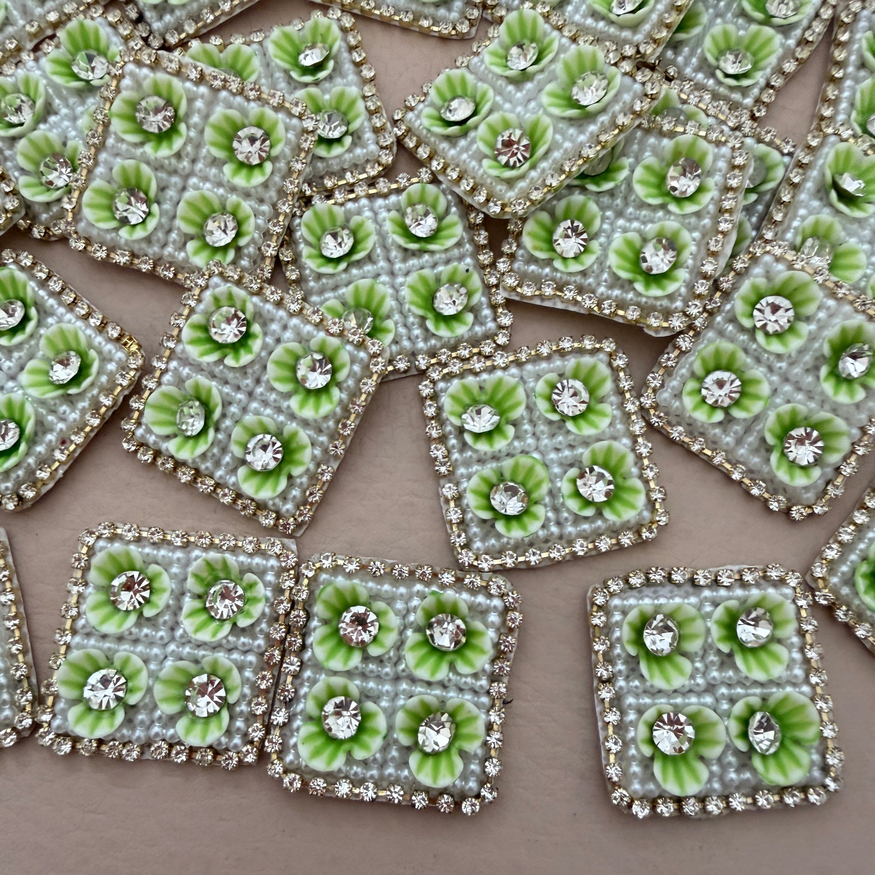 Light Green & White Beaded Rhinestone Floral Applique Patches – Square Embellishments, Pack of 10