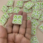 Light Green & White Beaded Rhinestone Floral Applique Patches – Square Embellishments, Pack of 10