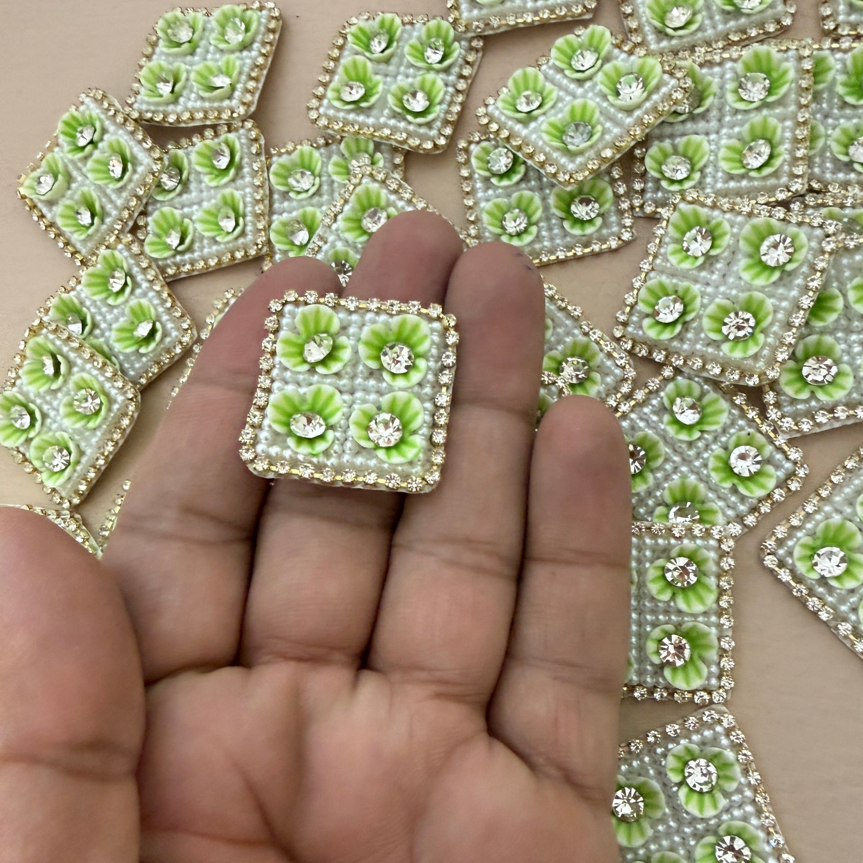 Light Green & White Beaded Rhinestone Floral Applique Patches – Square Embellishments, Pack of 10