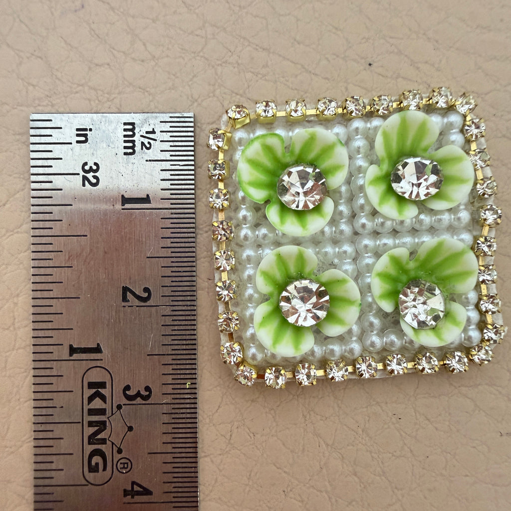Light Green & White Beaded Rhinestone Floral Applique Patches – Square Embellishments, Pack of 10