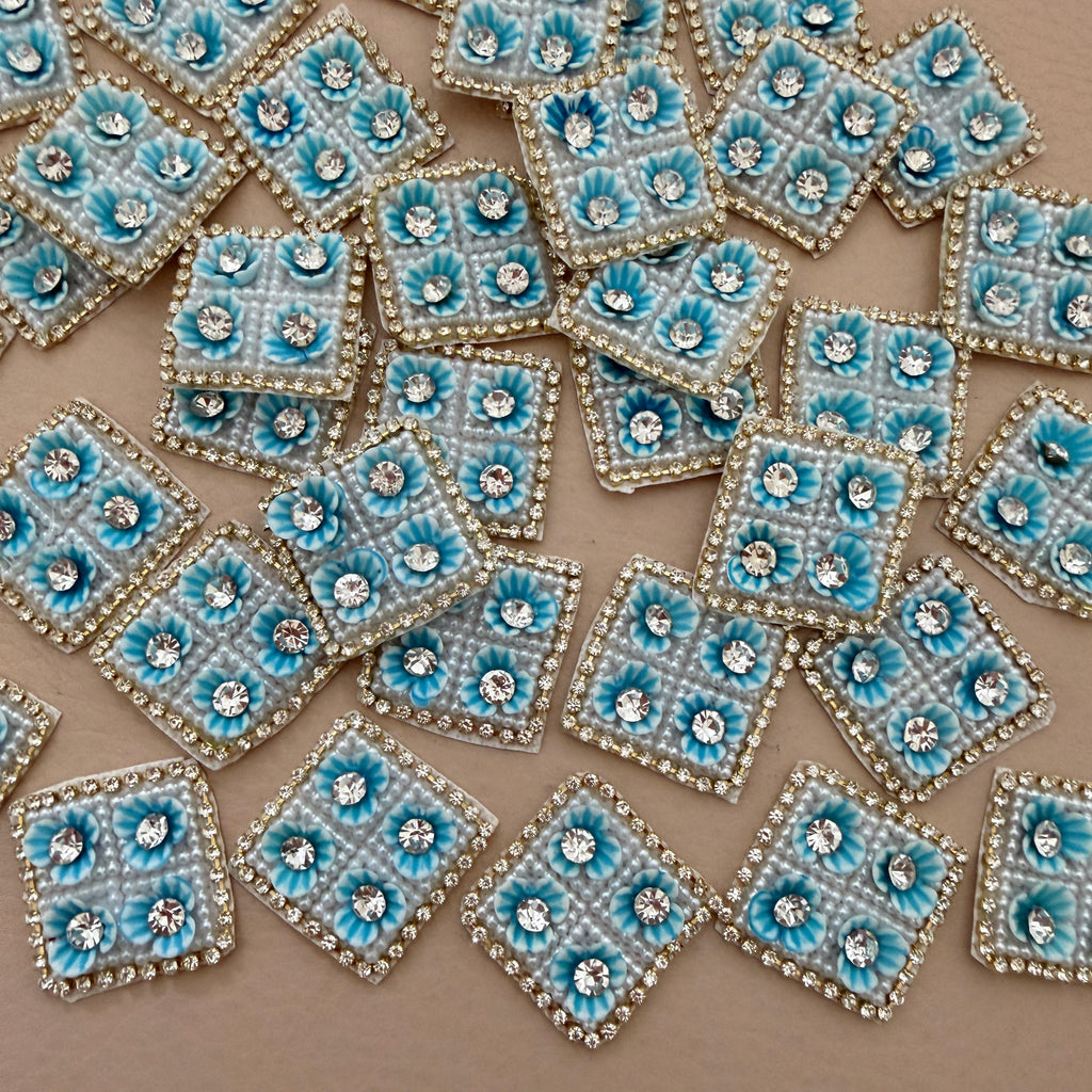Turquoise Floral Pearl & Rhinestone Embroidered Applique Patches (Pack of 10)
