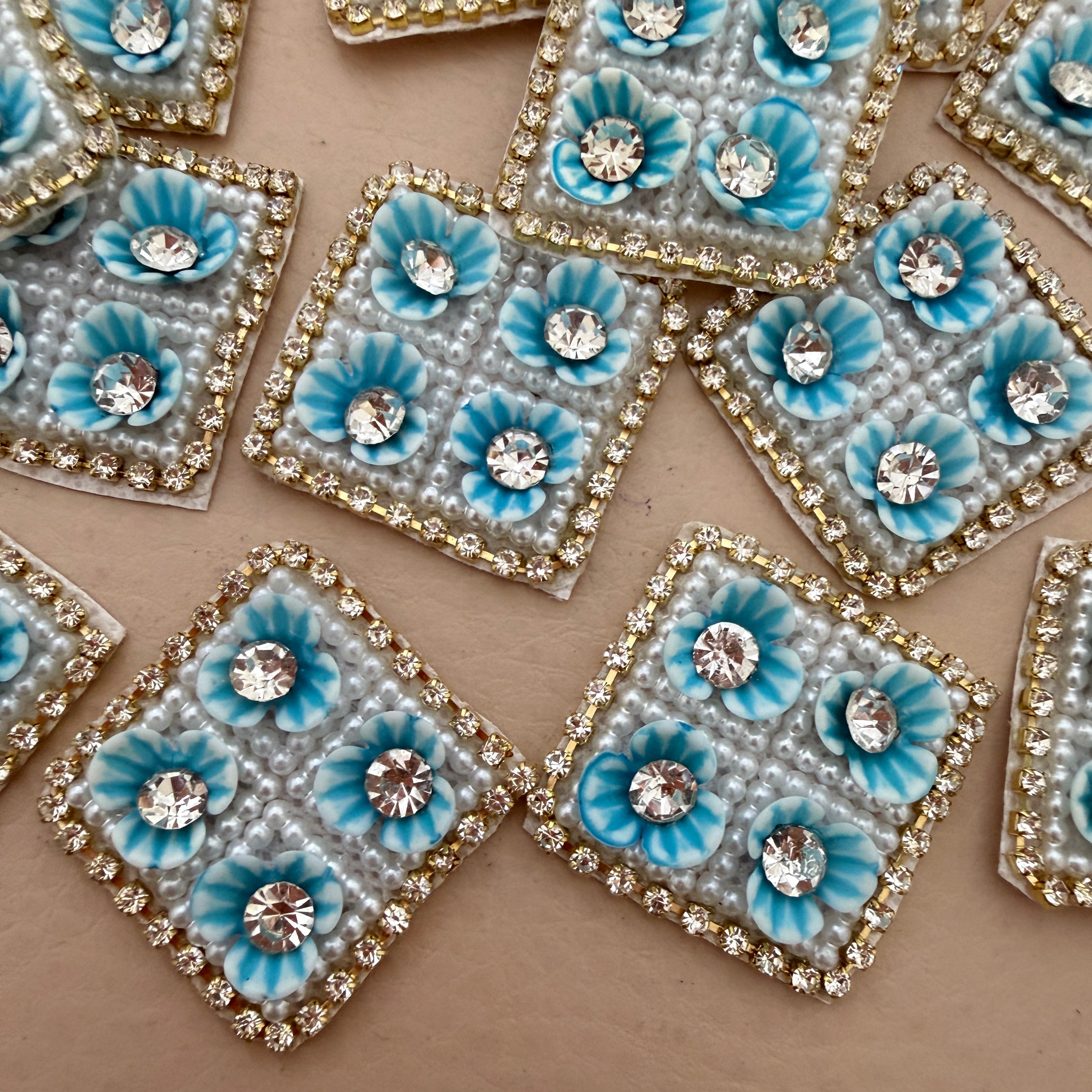 Turquoise Floral Pearl & Rhinestone Embroidered Applique Patches (Pack of 10)