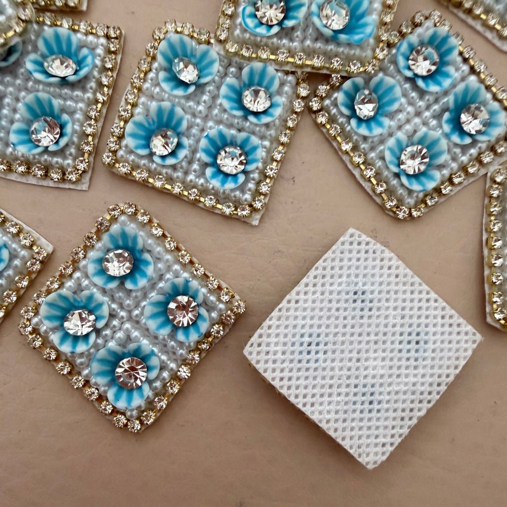 Turquoise Floral Pearl & Rhinestone Embroidered Applique Patches (Pack of 10)