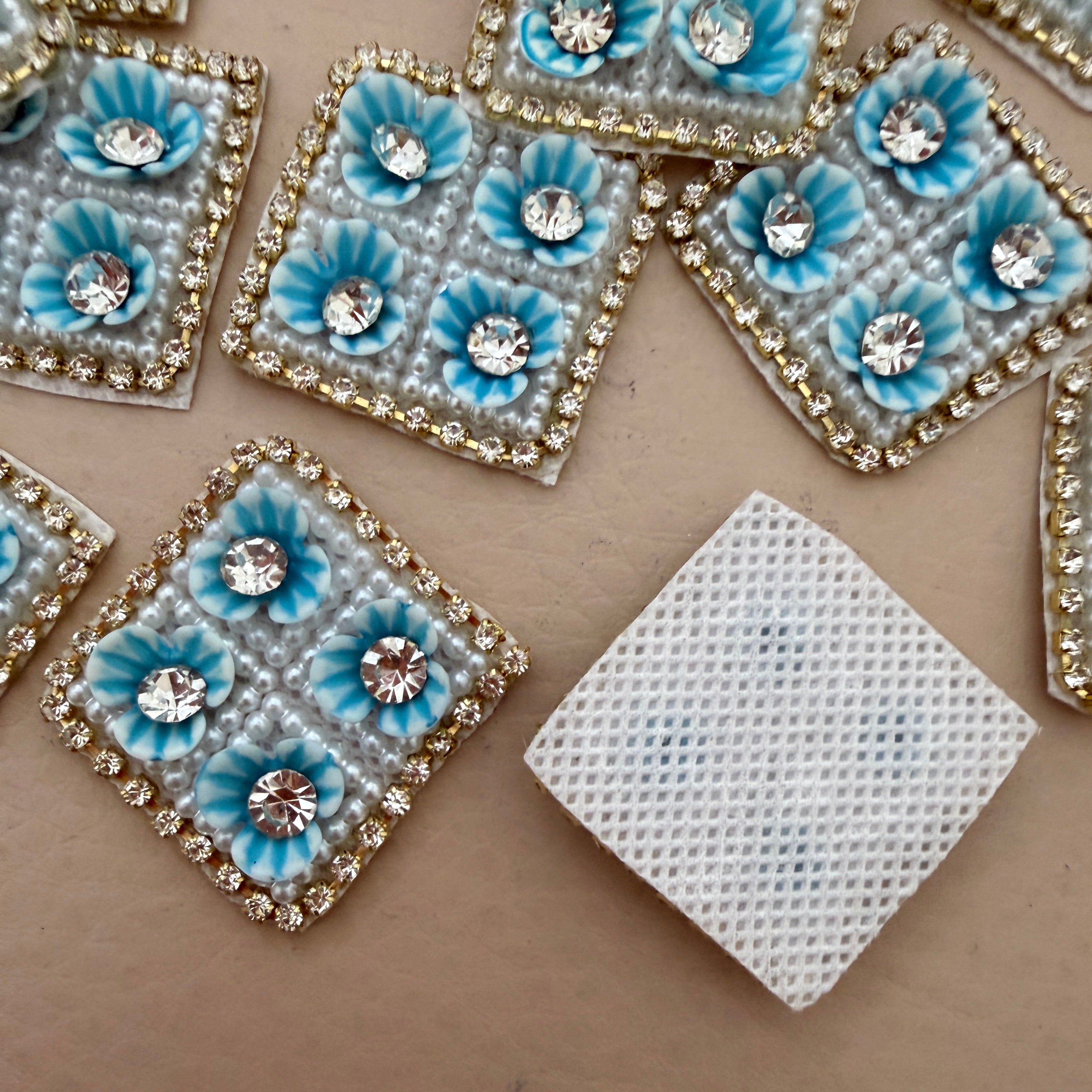 Turquoise Floral Pearl & Rhinestone Embroidered Applique Patches (Pack of 10)