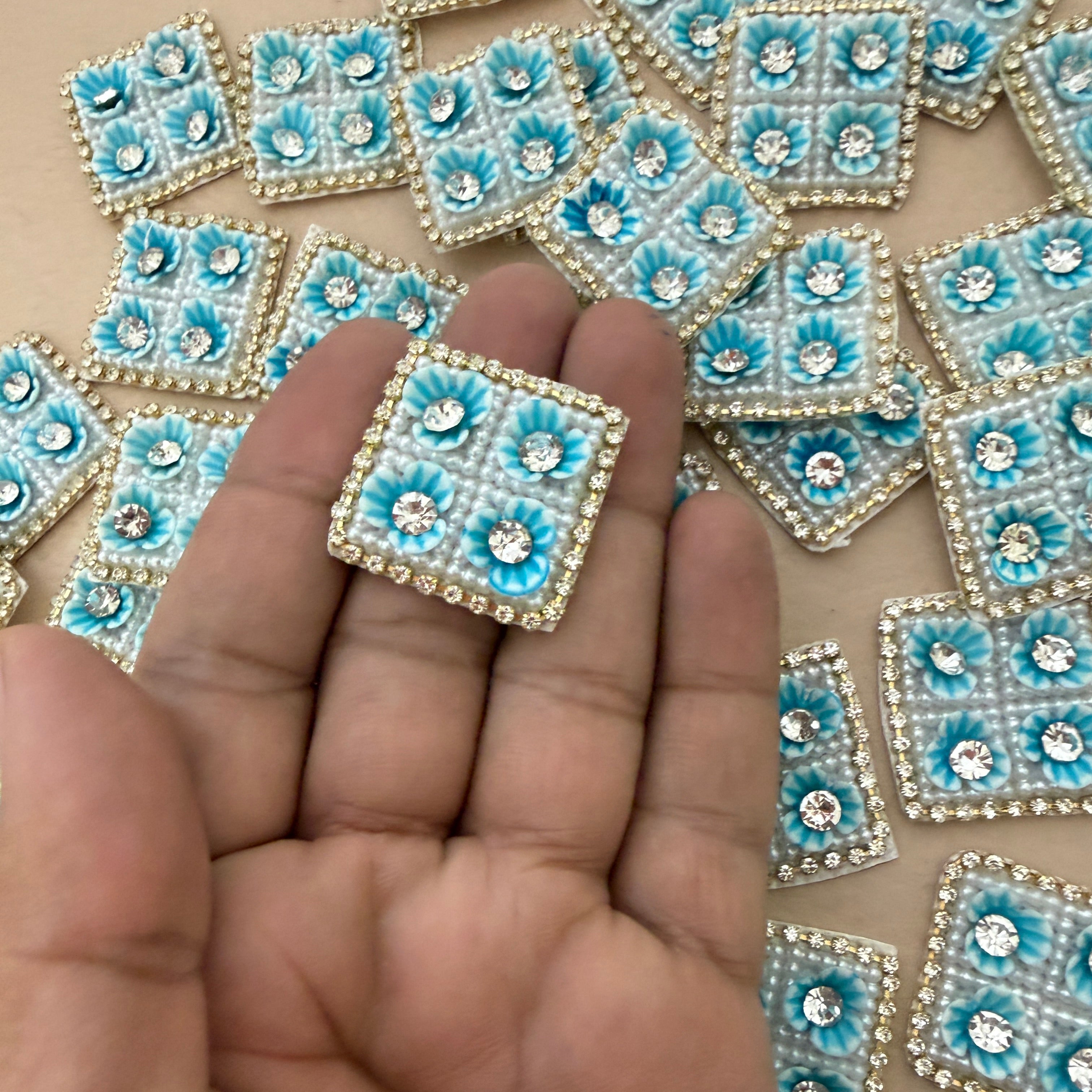 Turquoise Floral Pearl & Rhinestone Embroidered Applique Patches (Pack of 10)