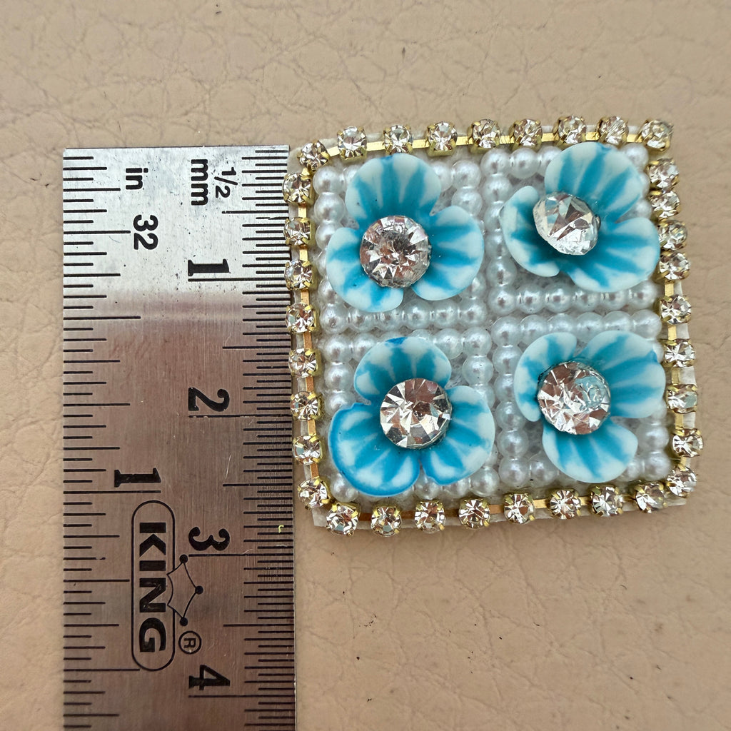 Turquoise Floral Pearl & Rhinestone Embroidered Applique Patches (Pack of 10)