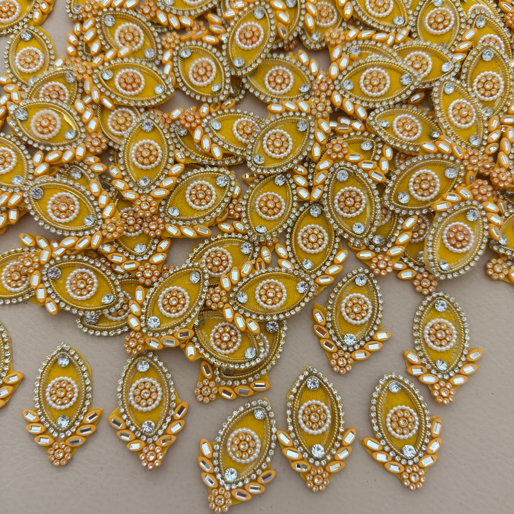 Yellow & Gold Pearl Crystal Embellishment Patches – Floral Motif Applique (Pack of 10)