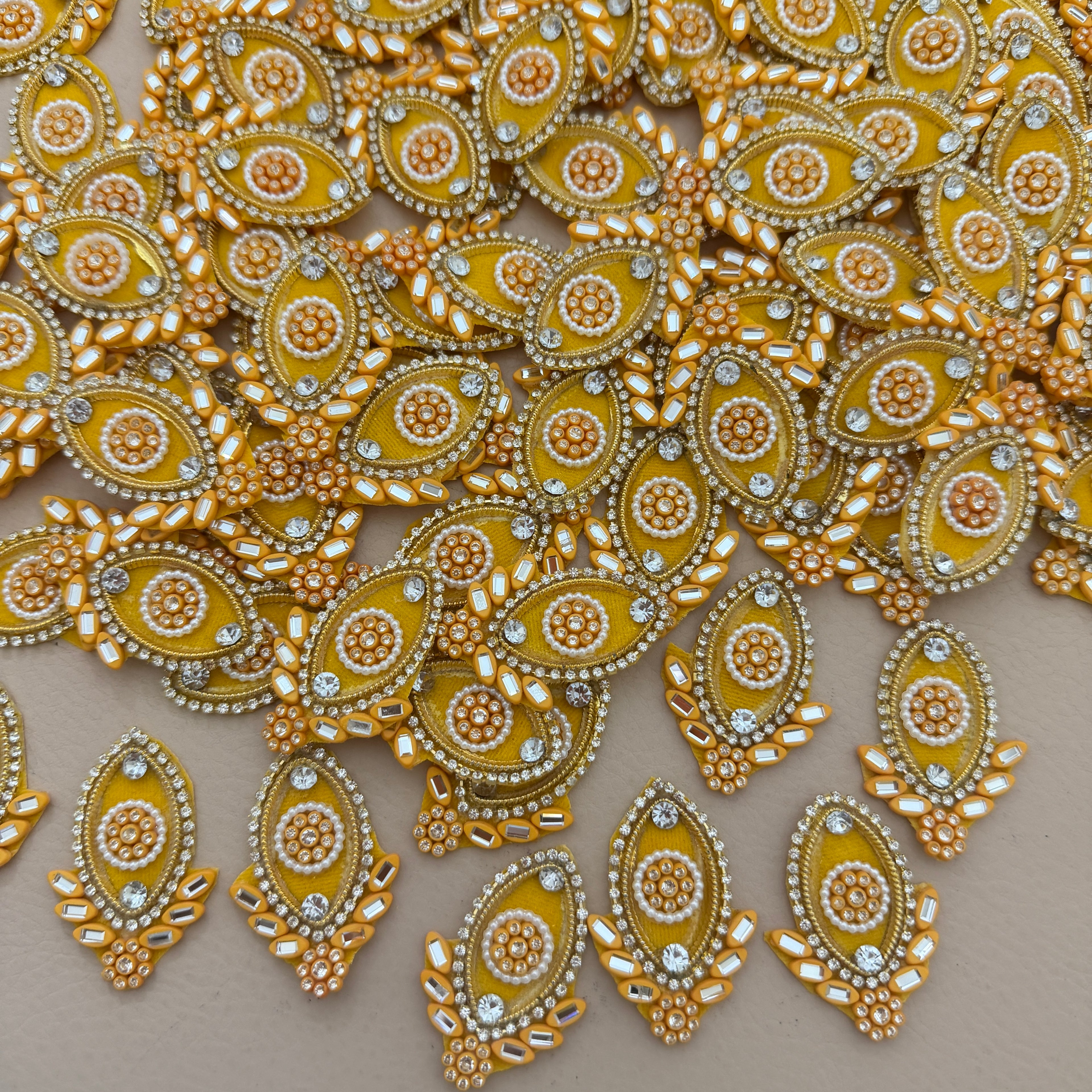 Yellow & Gold Pearl Crystal Embellishment Patches – Floral Motif Applique (Pack of 10)