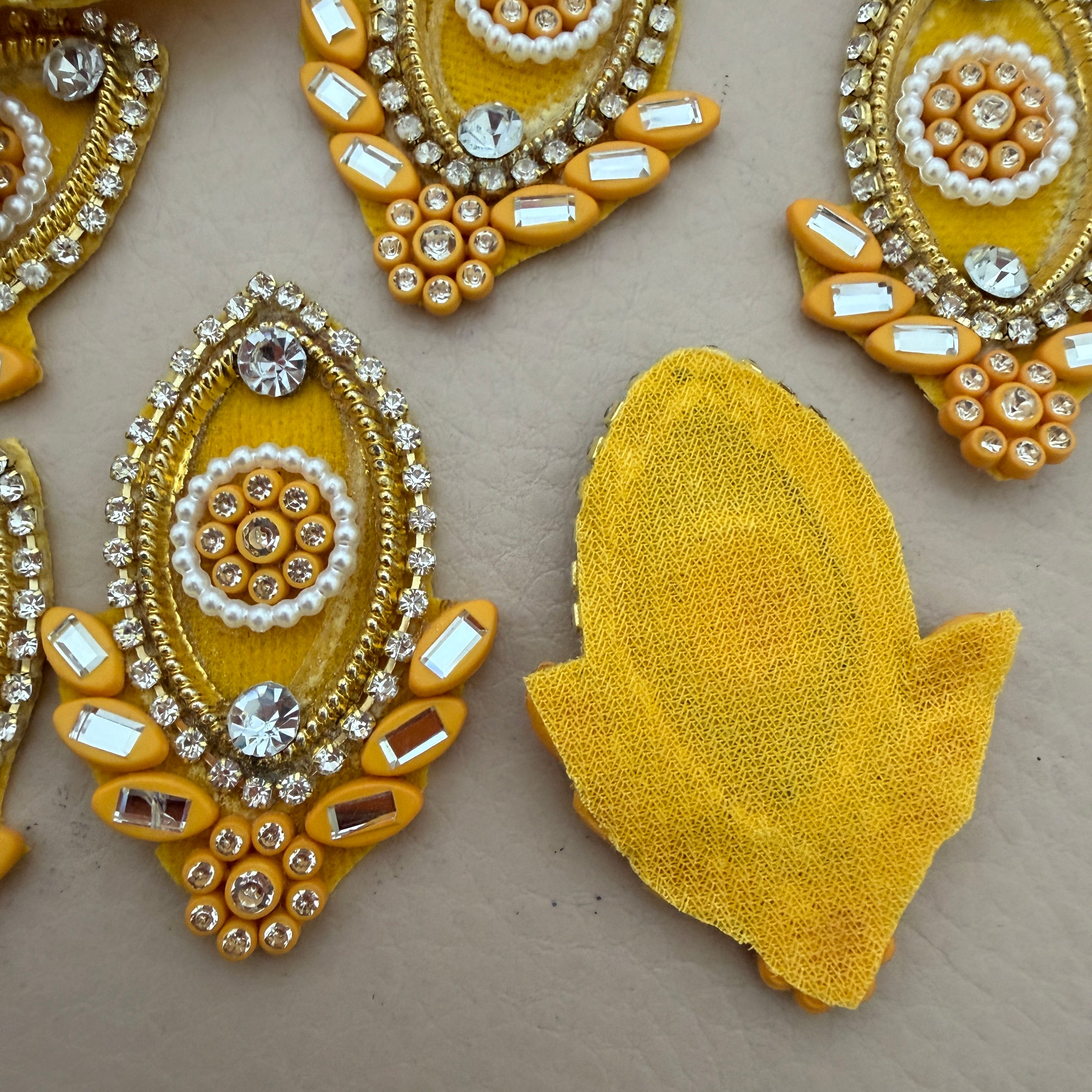 Yellow & Gold Pearl Crystal Embellishment Patches – Floral Motif Applique (Pack of 10)