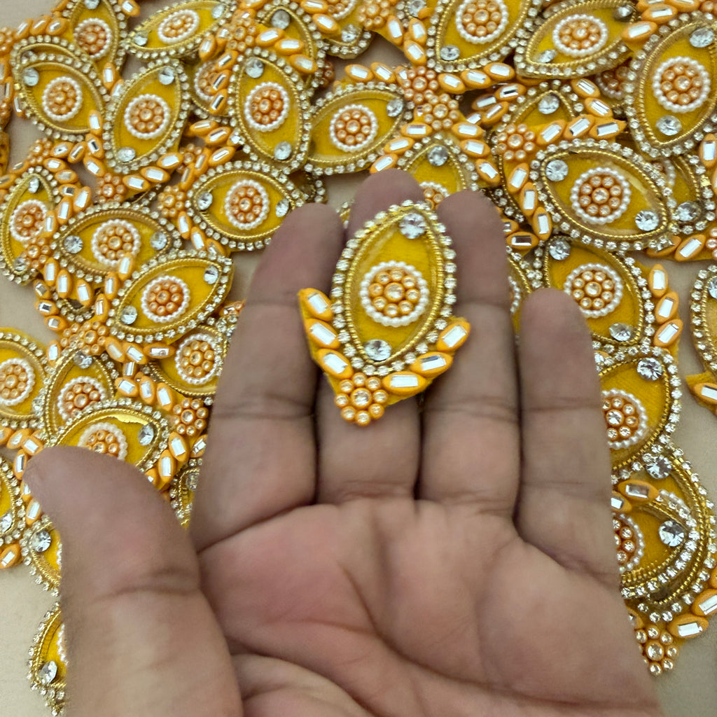 Yellow & Gold Pearl Crystal Embellishment Patches – Floral Motif Applique (Pack of 10)