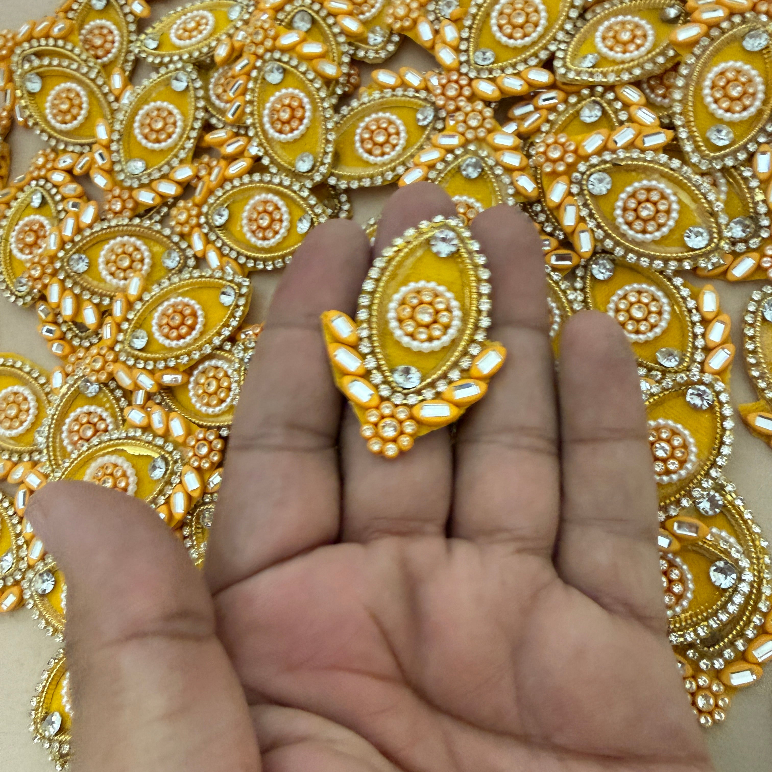 Yellow & Gold Pearl Crystal Embellishment Patches – Floral Motif Applique (Pack of 10)