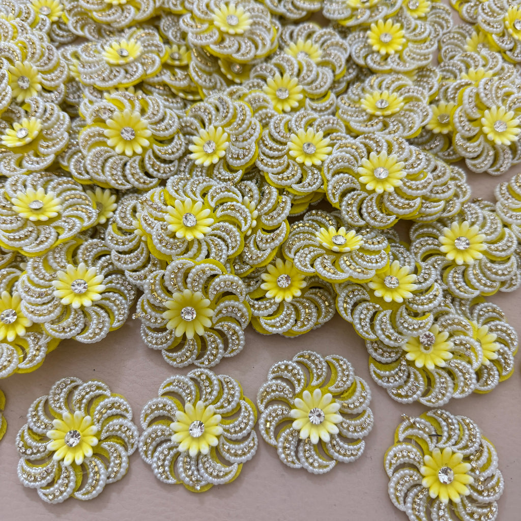 Yellow Floral Pearl & Rhinestone Appliqué Patches – Pack of 10