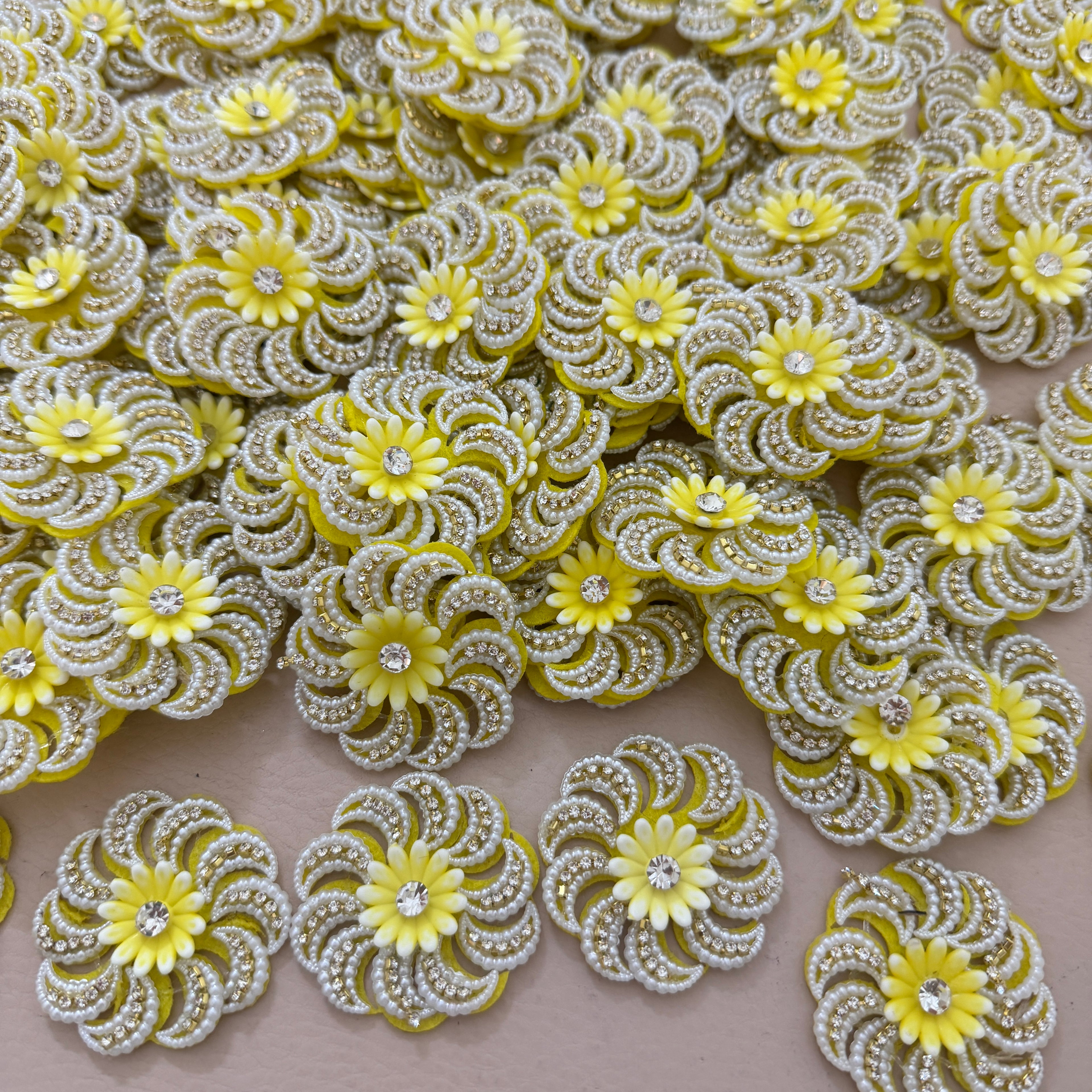 Yellow Floral Pearl & Rhinestone Appliqué Patches – Pack of 10