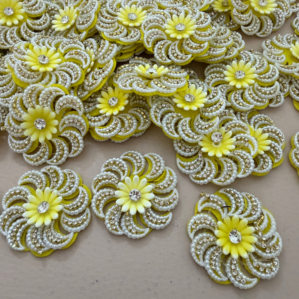 Yellow Floral Pearl & Rhinestone Appliqué Patches – Pack of 10