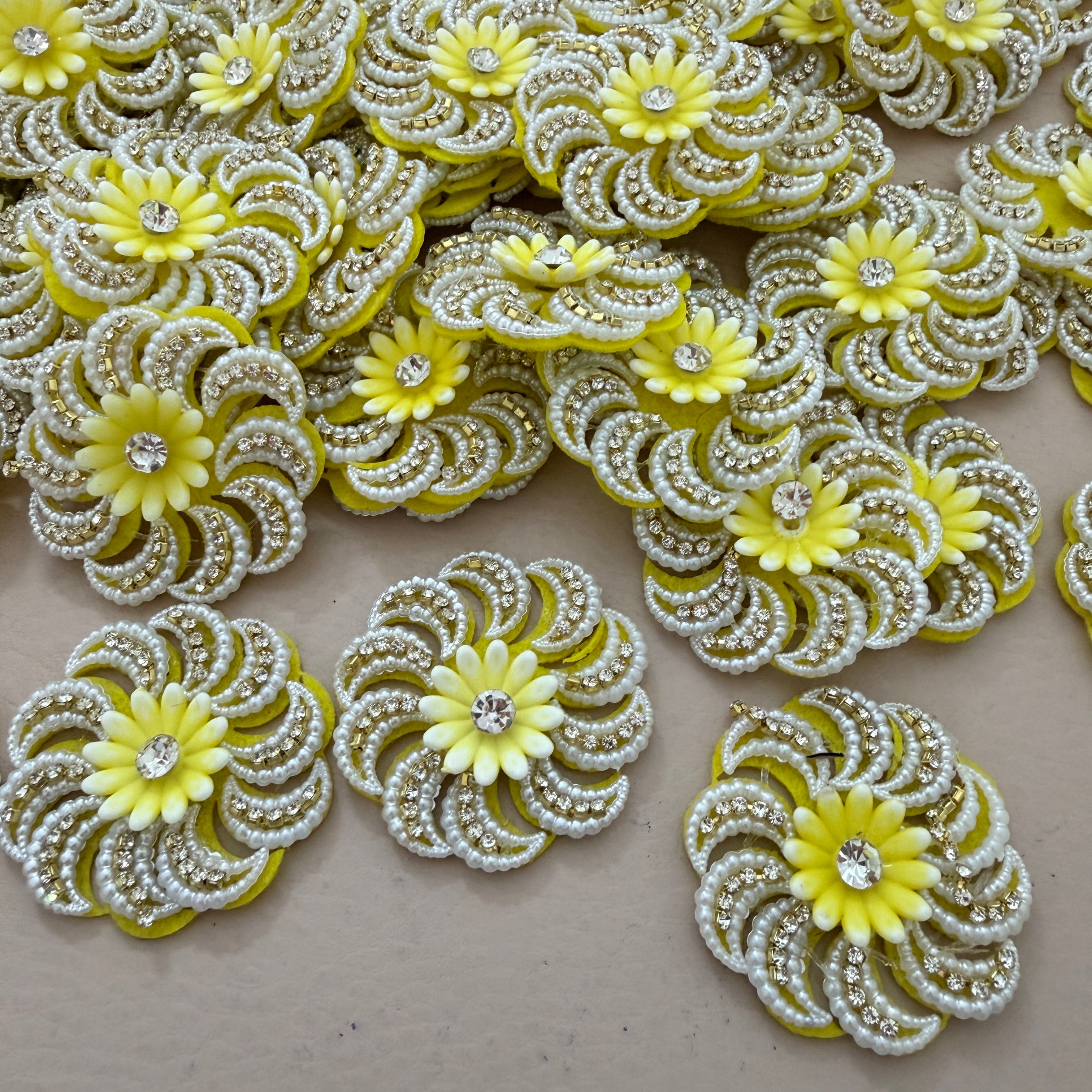 Yellow Floral Pearl & Rhinestone Appliqué Patches – Pack of 10