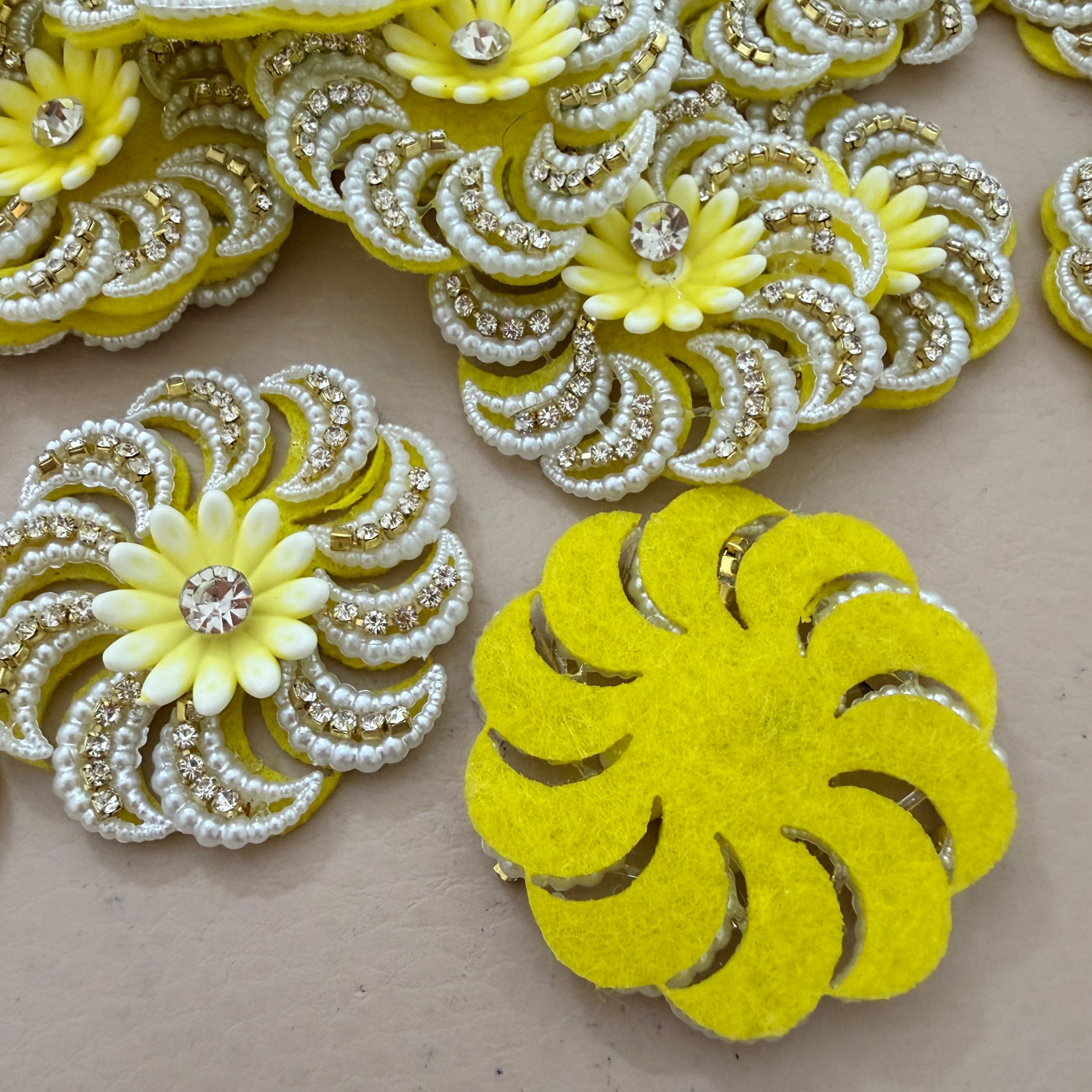 Yellow Floral Pearl & Rhinestone Appliqué Patches – Pack of 10