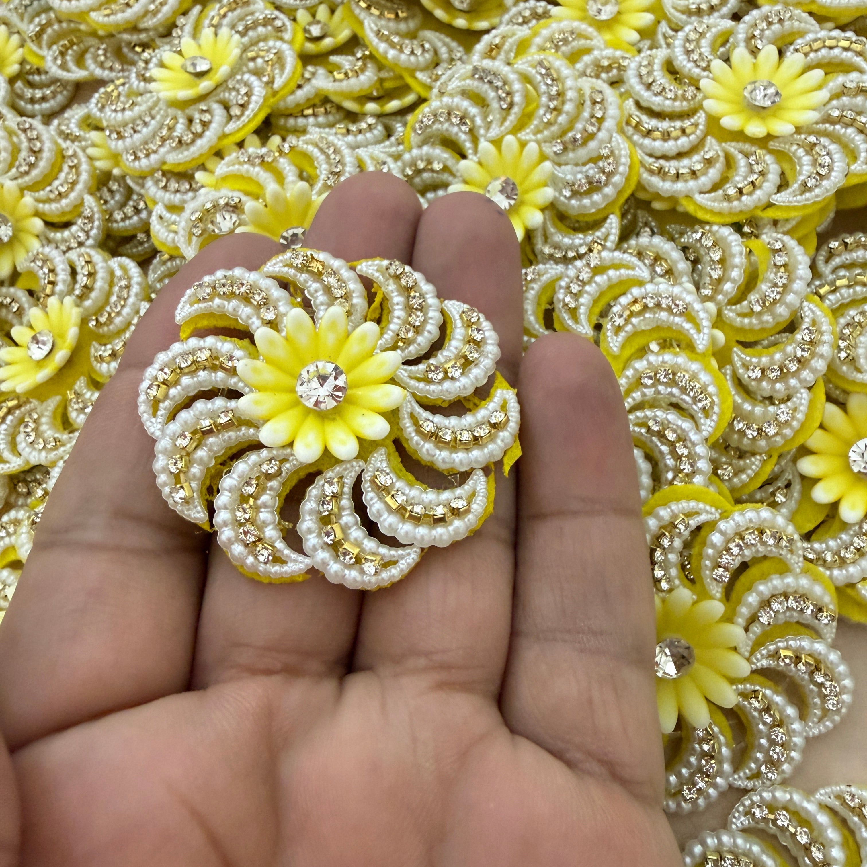 Yellow Floral Pearl & Rhinestone Appliqué Patches – Pack of 10