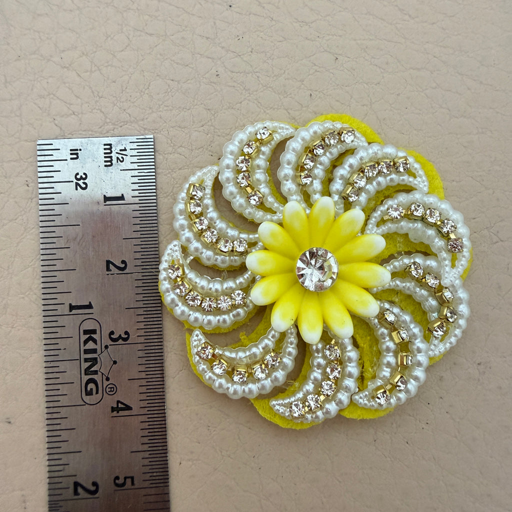 Yellow Floral Pearl & Rhinestone Appliqué Patches – Pack of 10