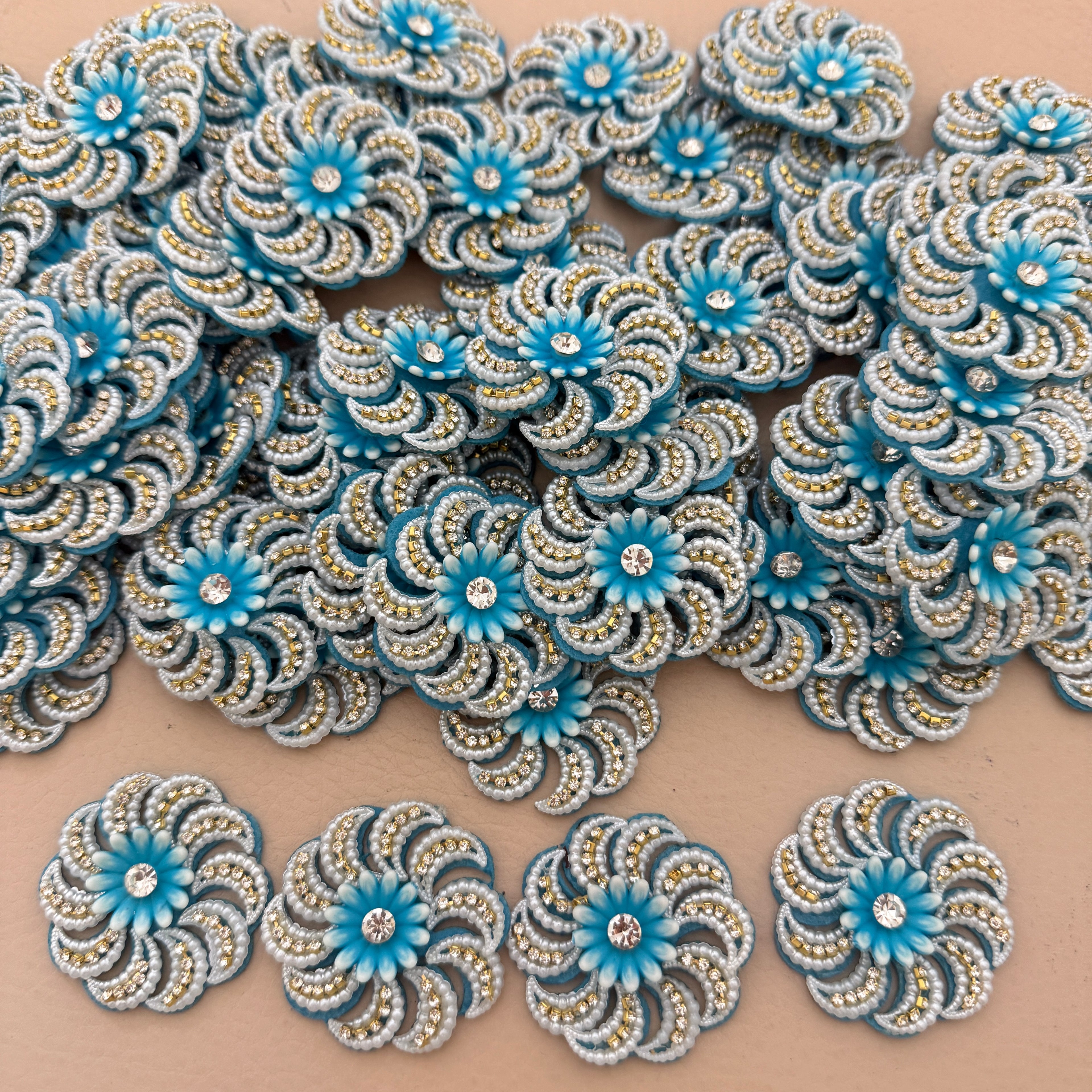 Blue Floral Pearl & Rhinestone Appliqué Patches – Pack of 10