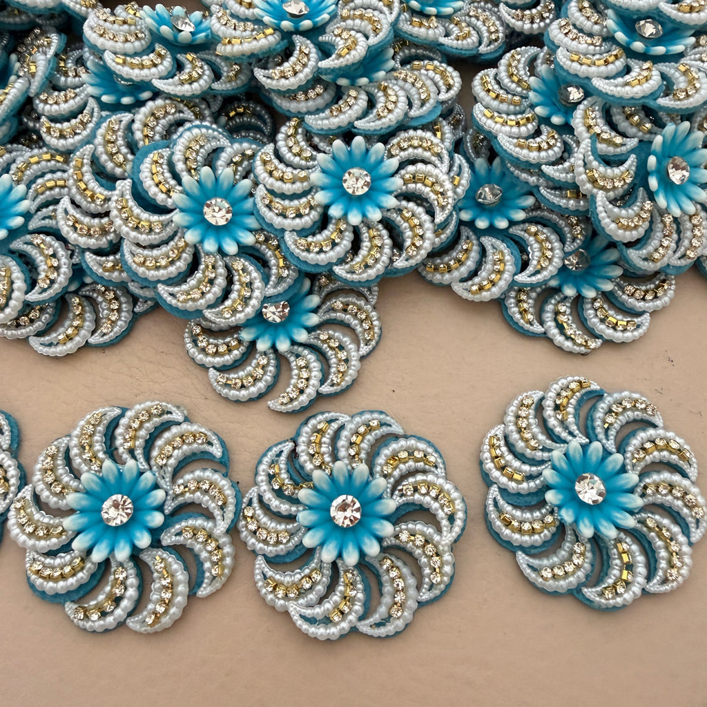 Blue Floral Pearl & Rhinestone Appliqué Patches – Pack of 10