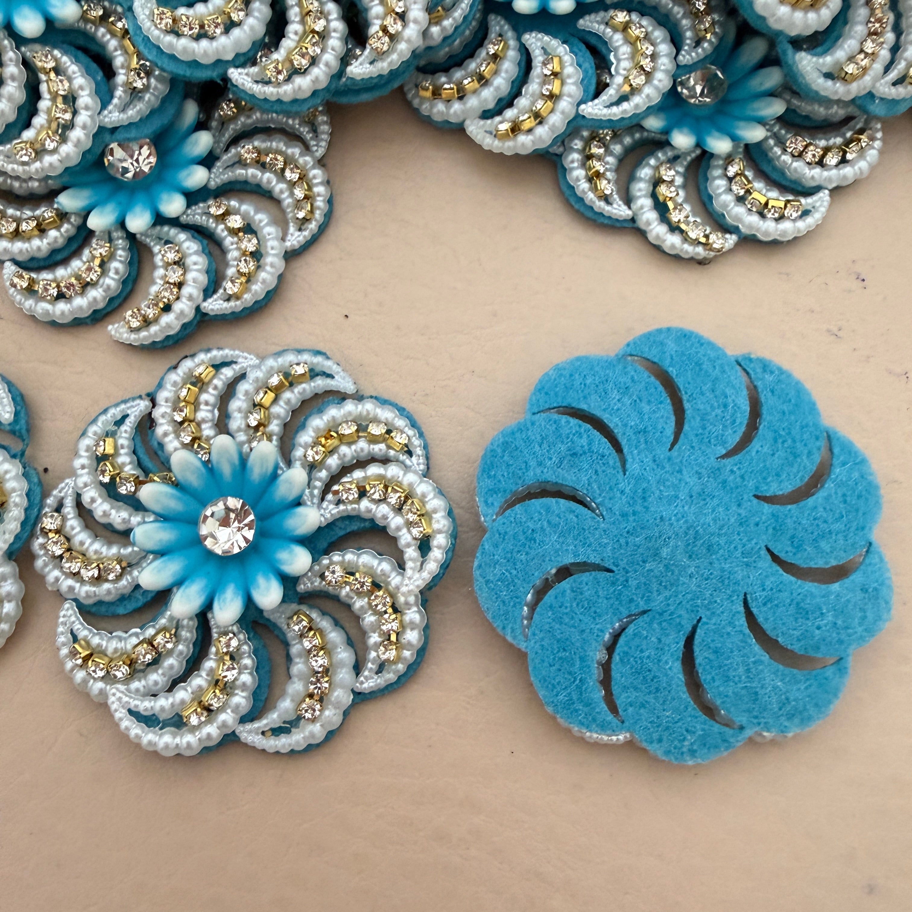 Blue Floral Pearl & Rhinestone Appliqué Patches – Pack of 10