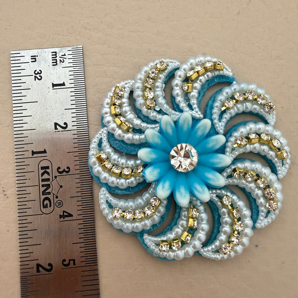 Blue Floral Pearl & Rhinestone Appliqué Patches – Pack of 10
