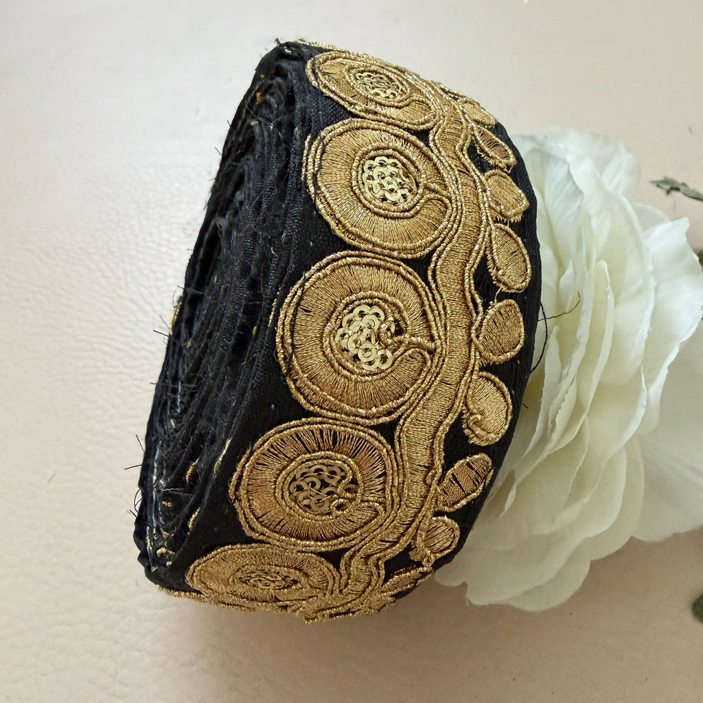 Premium Black & Gold Zari Embroidered Lace Trim Border for Sewing - 9 Yards