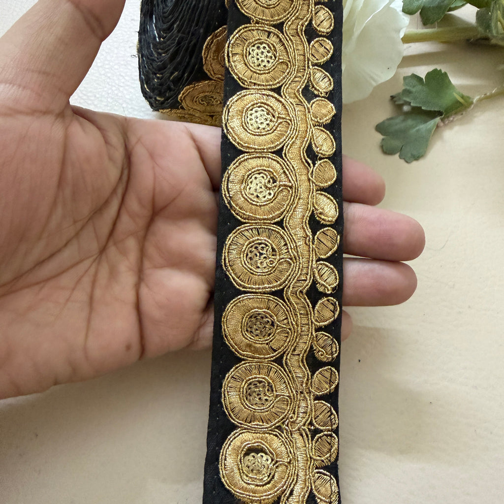 Premium Black & Gold Zari Embroidered Lace Trim Border for Sewing - 9 Yards