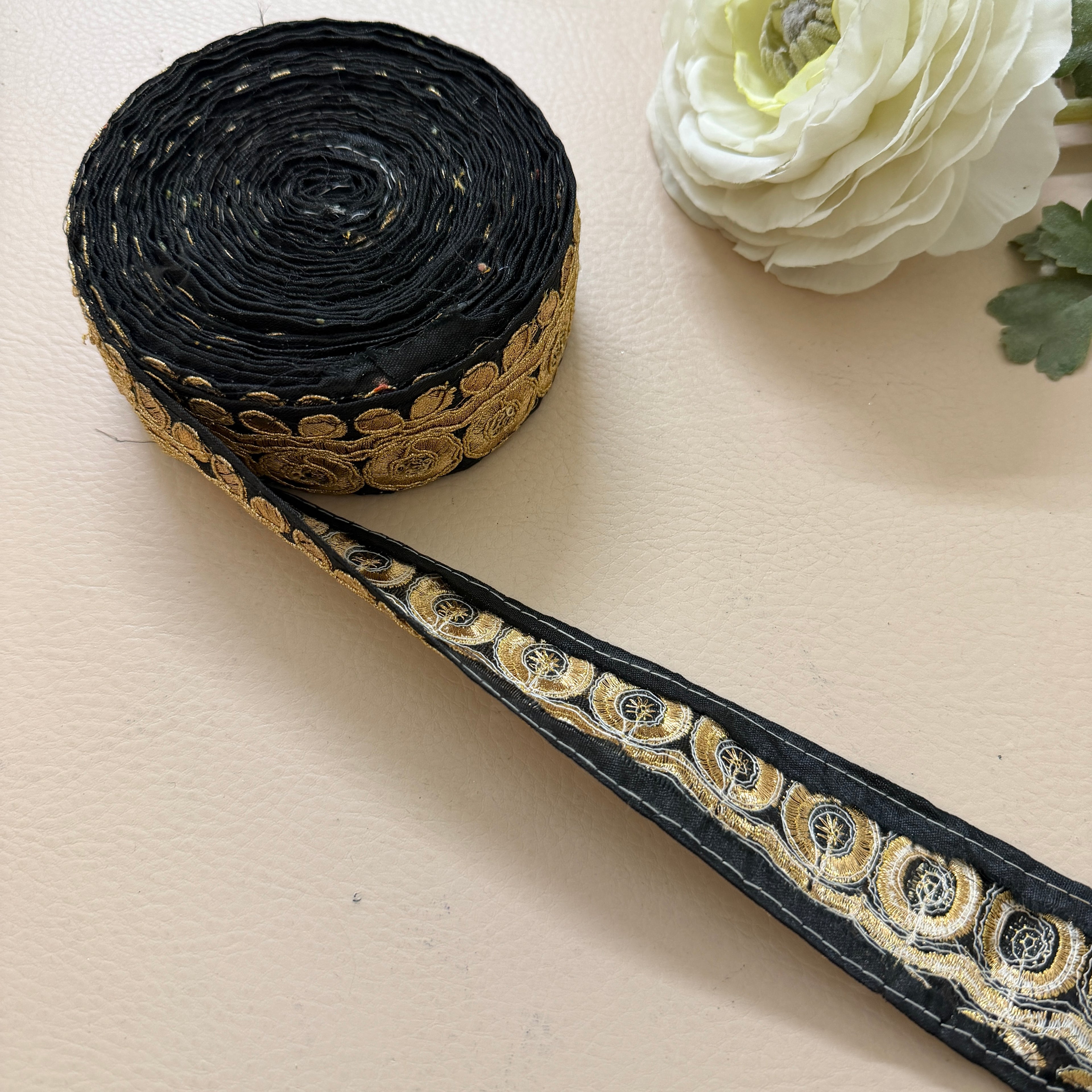 Premium Black & Gold Zari Embroidered Lace Trim Border for Sewing - 9 Yards
